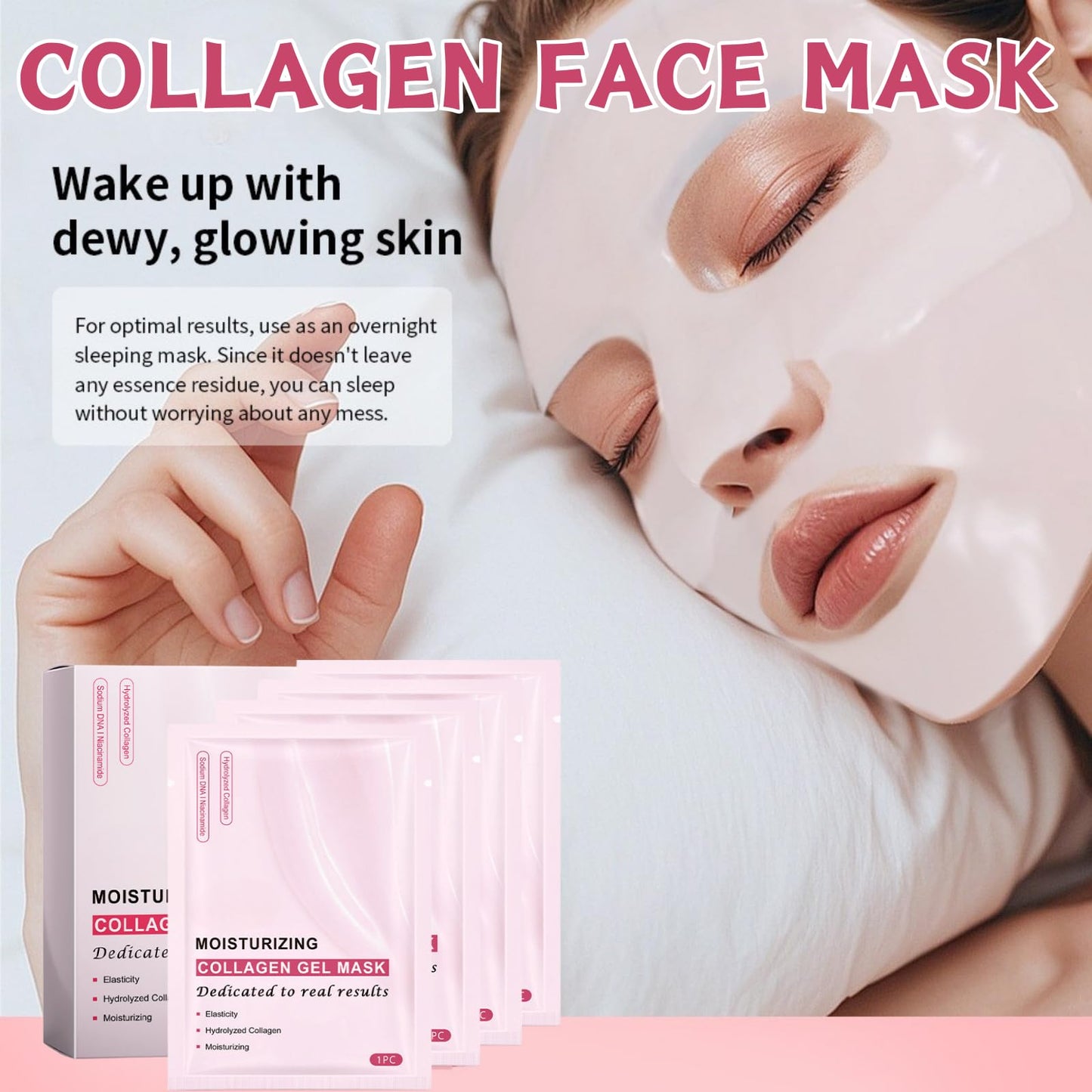 Trendyfave Collagen Face Mask, Pink Collagen Jelly Gel Mask, Korean Face Mask, Collagen Mask - Collagen Overnight Face Mask, Pore Minimizing, Moisturize, Firm & Enhance Skin Vitality, Face Masks Beauty 4Pcs