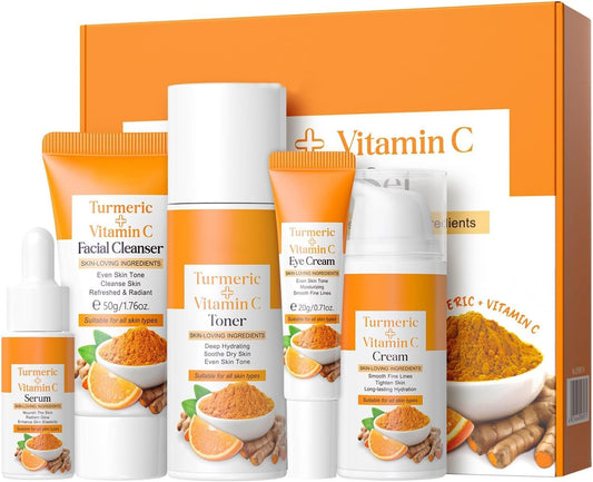 Vawolecy Turmeric Skin Care Gift Set - Even Tone with Vitamin C, 5 In 1 Women Skincare Gift Set Including Face Cleanser Toner Serum Eye Cream and Face Moisturizer
