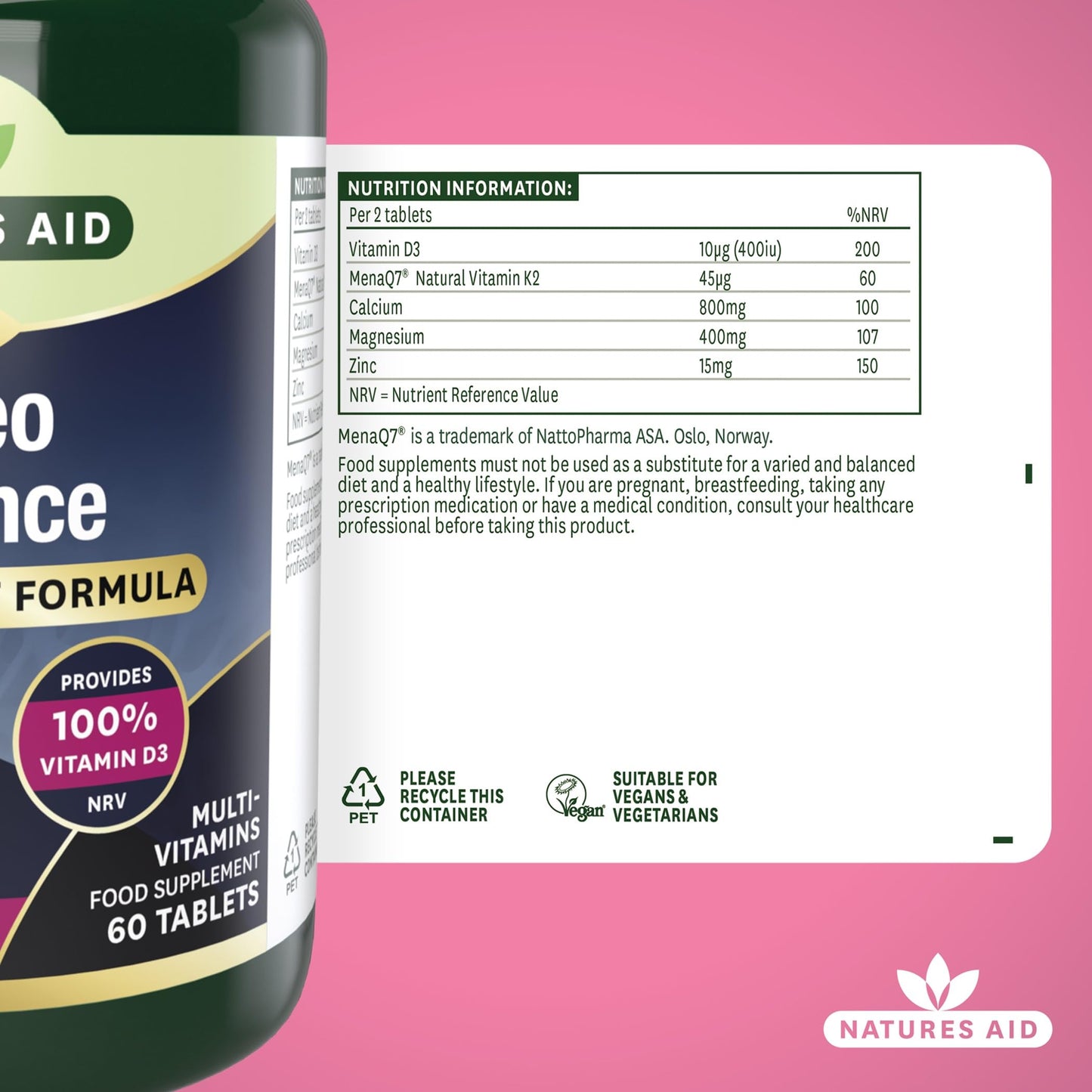 Natures Aid Osteo Advance with MenaQ7® – High Strength Bone & Joint Support Supplement – Calcium, Magnesium, Vitamin D3 & K2 – Vegan, Gluten Free, Non-GMO – 60 Tablets