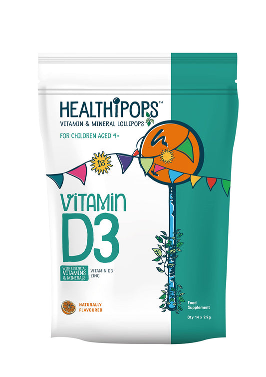 Healthipops Vitamin & Mineral Lollipops Vitamin D3 Suitable for Ages 4+ with Zinc, Orange Flavour 14 Lollipops