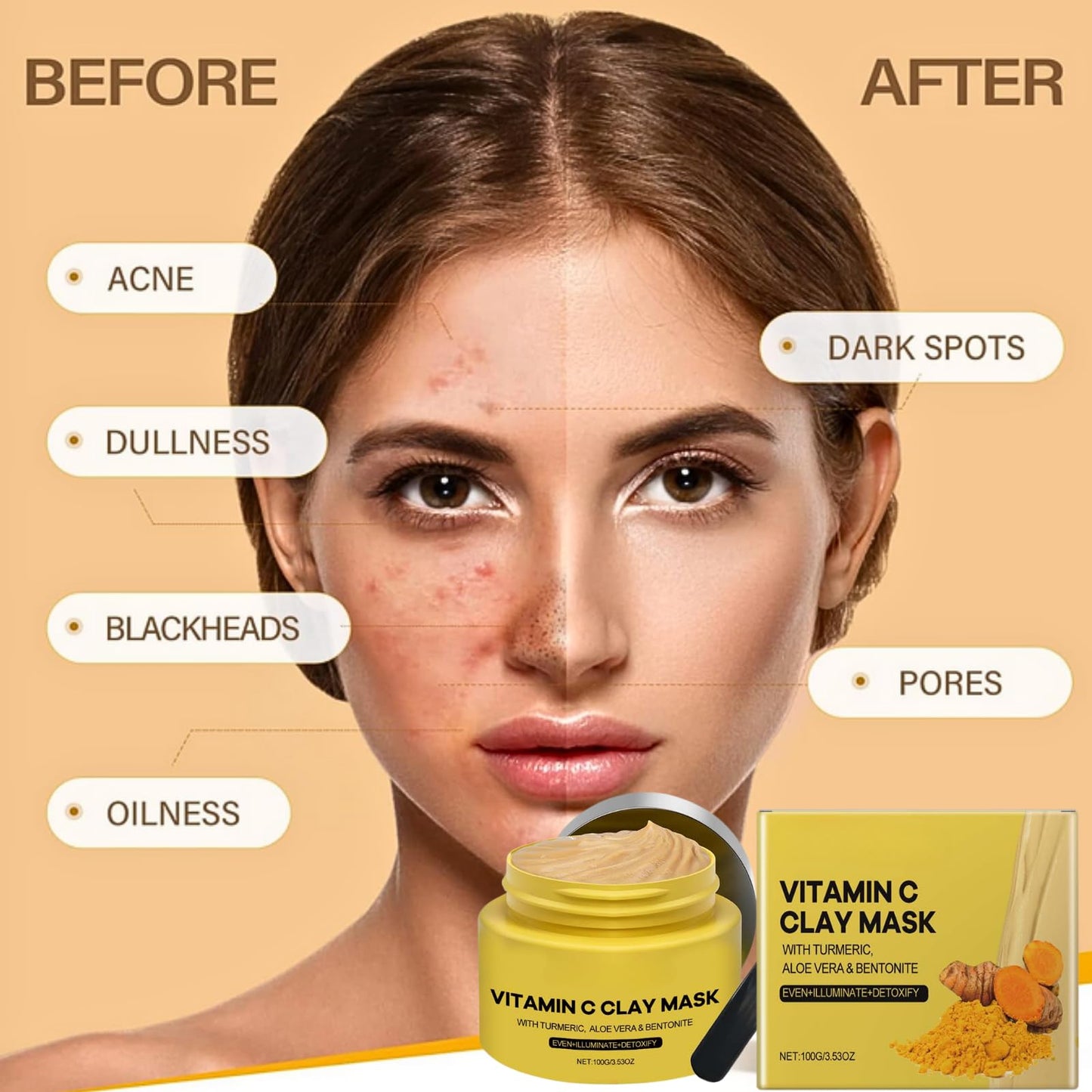 IZBEAUVO Vitamin C Turmeric Clay Face Mask with Kaolin Clay for Dark Spots, Turmeric Mud Mask for Acne-Prone, Deep Cleansing Clay Mask, Vitamin C Mud Mask for Glowing Skin, Mud Mask for Face, Even Skin Tone