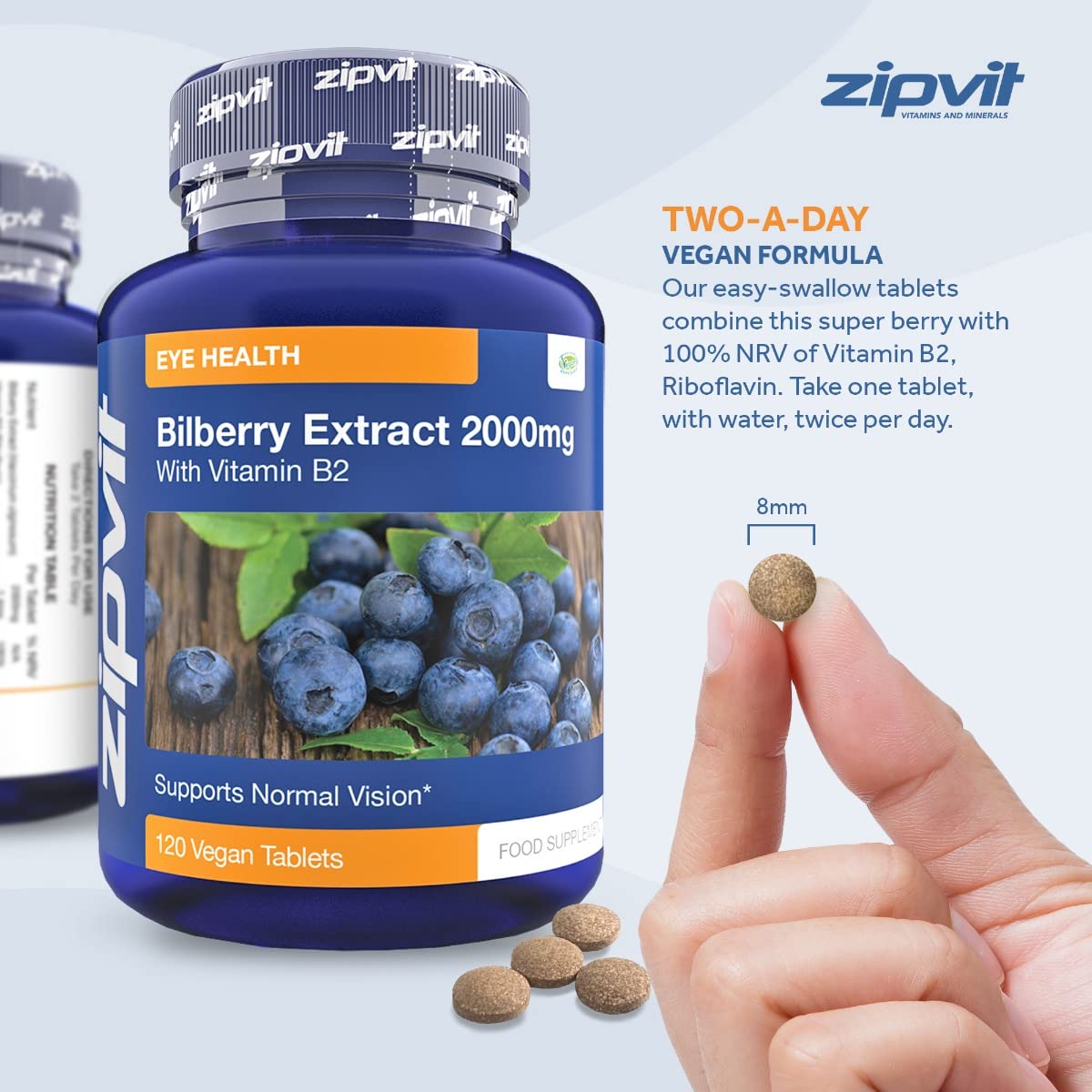 Bilberry Extract 2000mg with Added Vitamin B2, 120 Vegan Tablets. Supports Normal Vision. Vegetarian Society Approved. UK Supplier