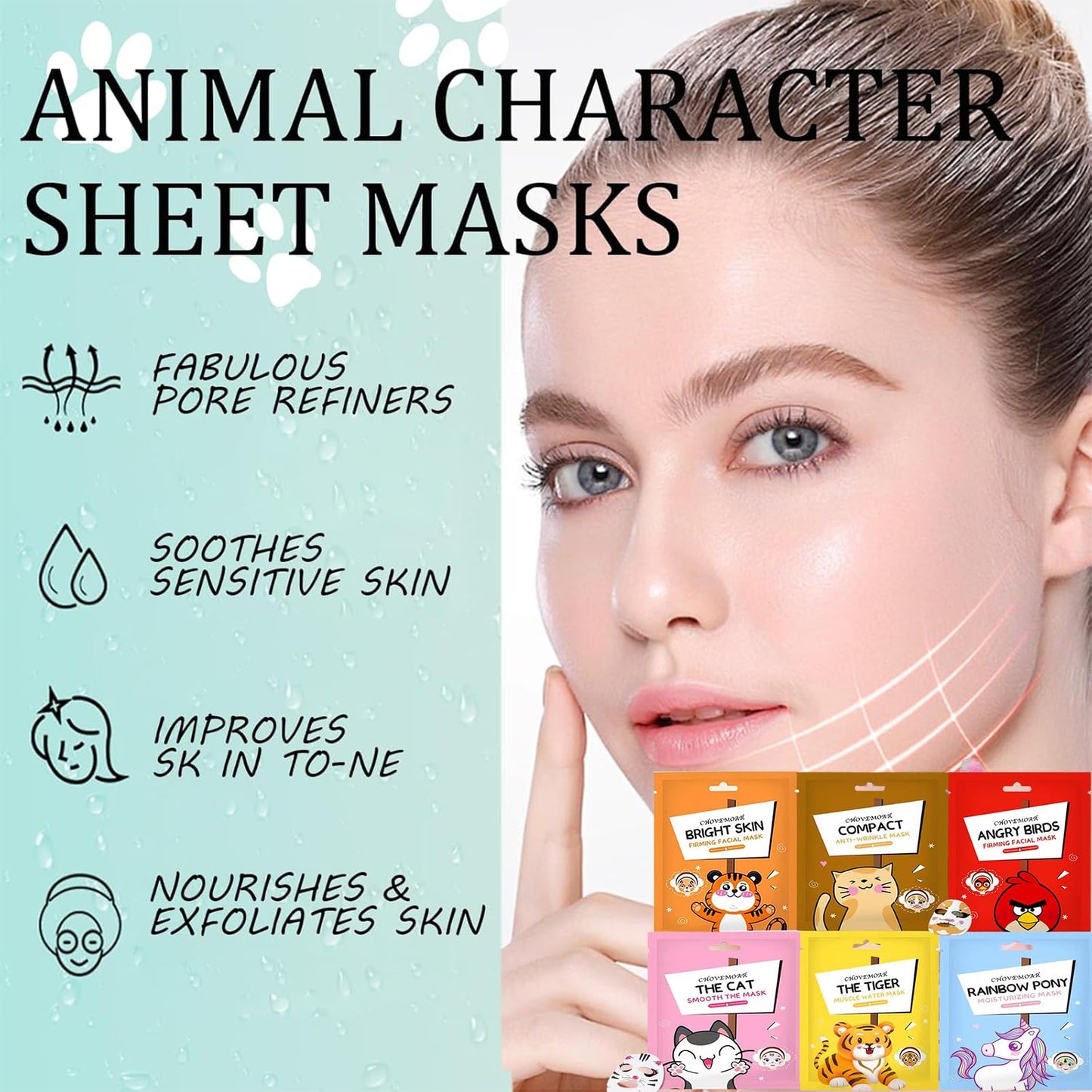 ChicNana 6Pcs Sheet Mask, Face Mask Set for Teenage Girls, Fun Animal Printed Sheet Face Masks, With Tiger and Cat Easy Use Face Mask Gift Set, Hydrating, Soothe, Brighten, Face Masks for All Skin Types