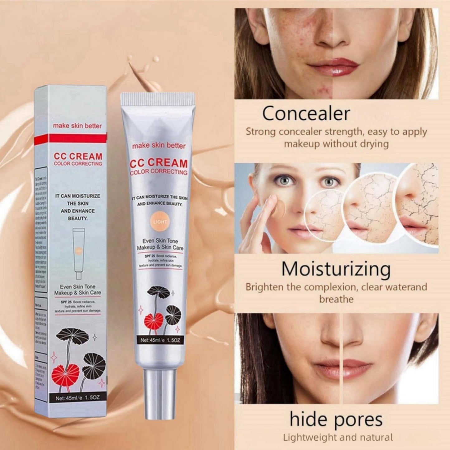 2PCS CC Cream,CC Cream Foundation,Korean CC Cream Colour Changing,CC Cream Foundation For Mature Skin,CC Cream Colour Correcting,CC Cream Tinted Moisturiser,Korean CC Cream Foundation(Light+Dark)