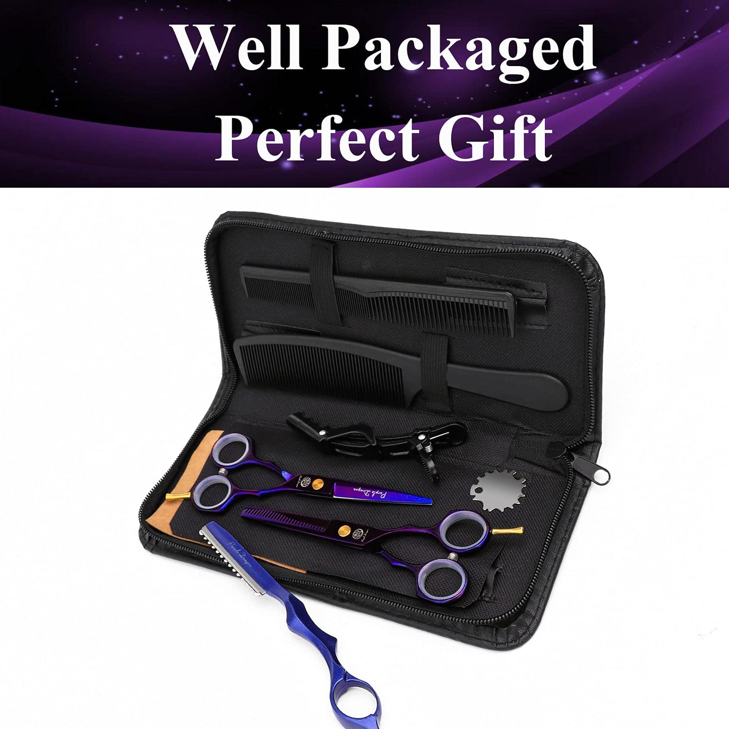 Purple Dragon Purple Hairdressing Scissors Set 5.5 Inch Hair Cutting & Thinning Scissors Kit for Men Women Kids Home Salon Barber
