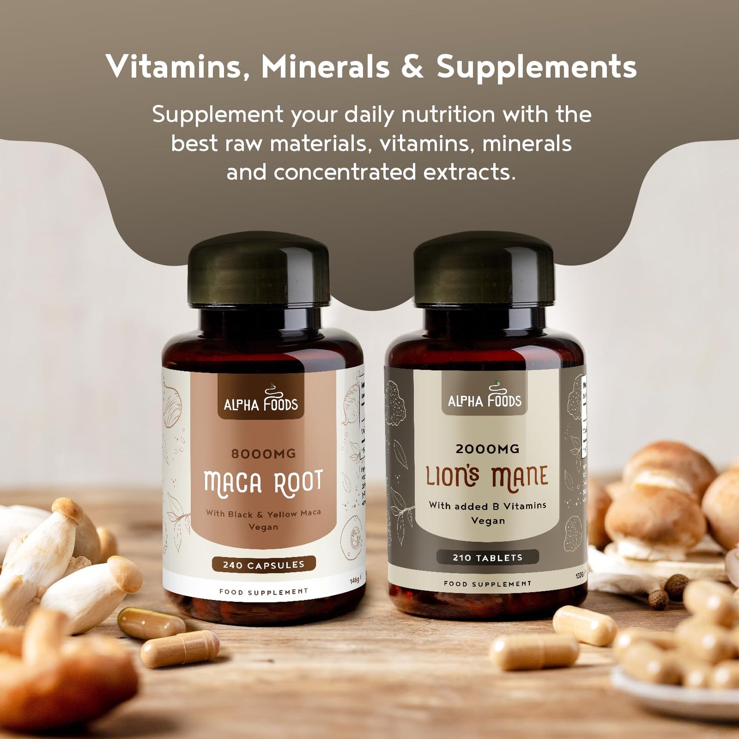 Lions Mane Mushroom Extract Supplement 2000mg - 210 High Strength Vegan Tablets with Black Pepper - High Potency Mushroom + B Vitamins B1-B2-B3-B5-B6 - Support Brain & Mental Performance - Alpha Foods