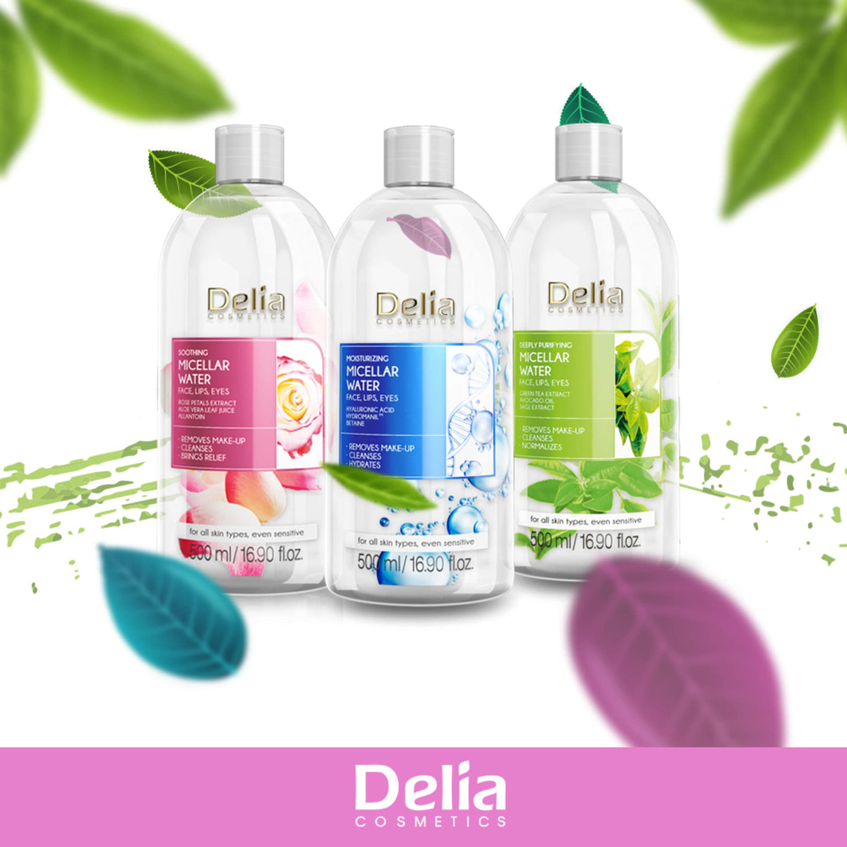 Delia Cosmetics - Soothing Micellar Water - Facial Cleanser with Rose Petal Extract & Allantoin - Clean, Soft, Fresh & Calm Face Skin - for Dry, Dehydrated Skin - 500ml