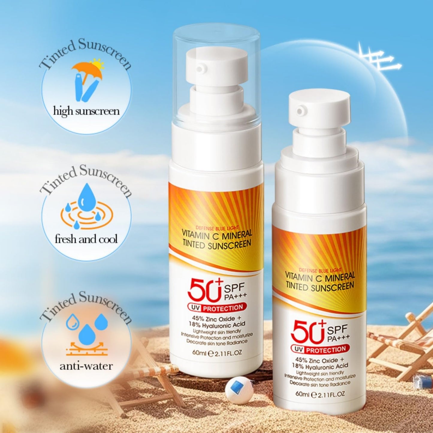 GUOUURR Vitamin C Tinted Sunscreen SPF 50 - Face & Body Moisturiser for Women | Skin Tint, Facial Sunscreen & Sun Cream | Tinted Moisturiser with SPF 50, Lightweight & Non - Greasy Formula