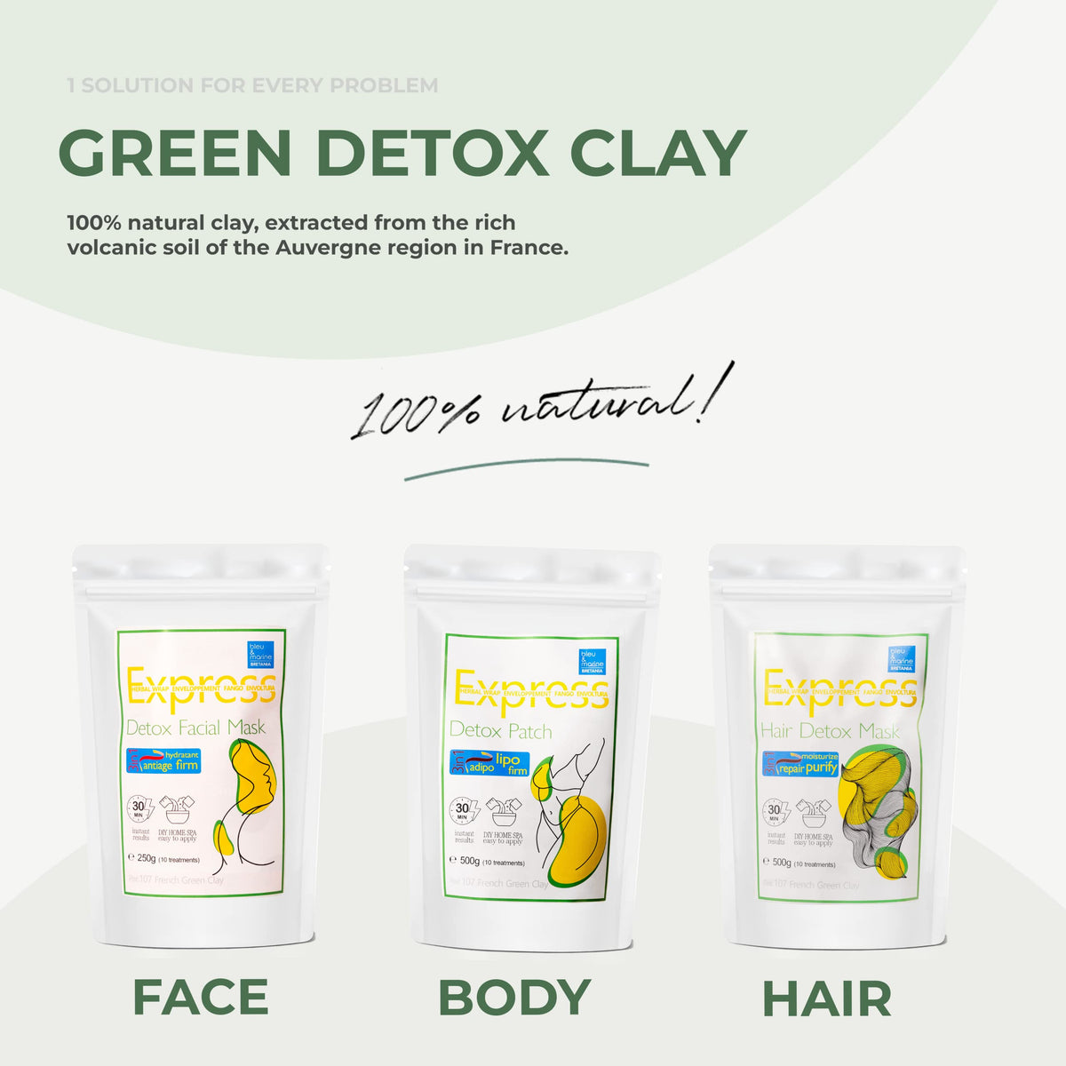 bleu & marine Bretania Bio Organic Green Clay Powder, 100% Natural, Green Clay for DETOX, Firming Body Wrap, Skin Exfoliating, Natural Skin Care, Cellulite Clay - 500 g