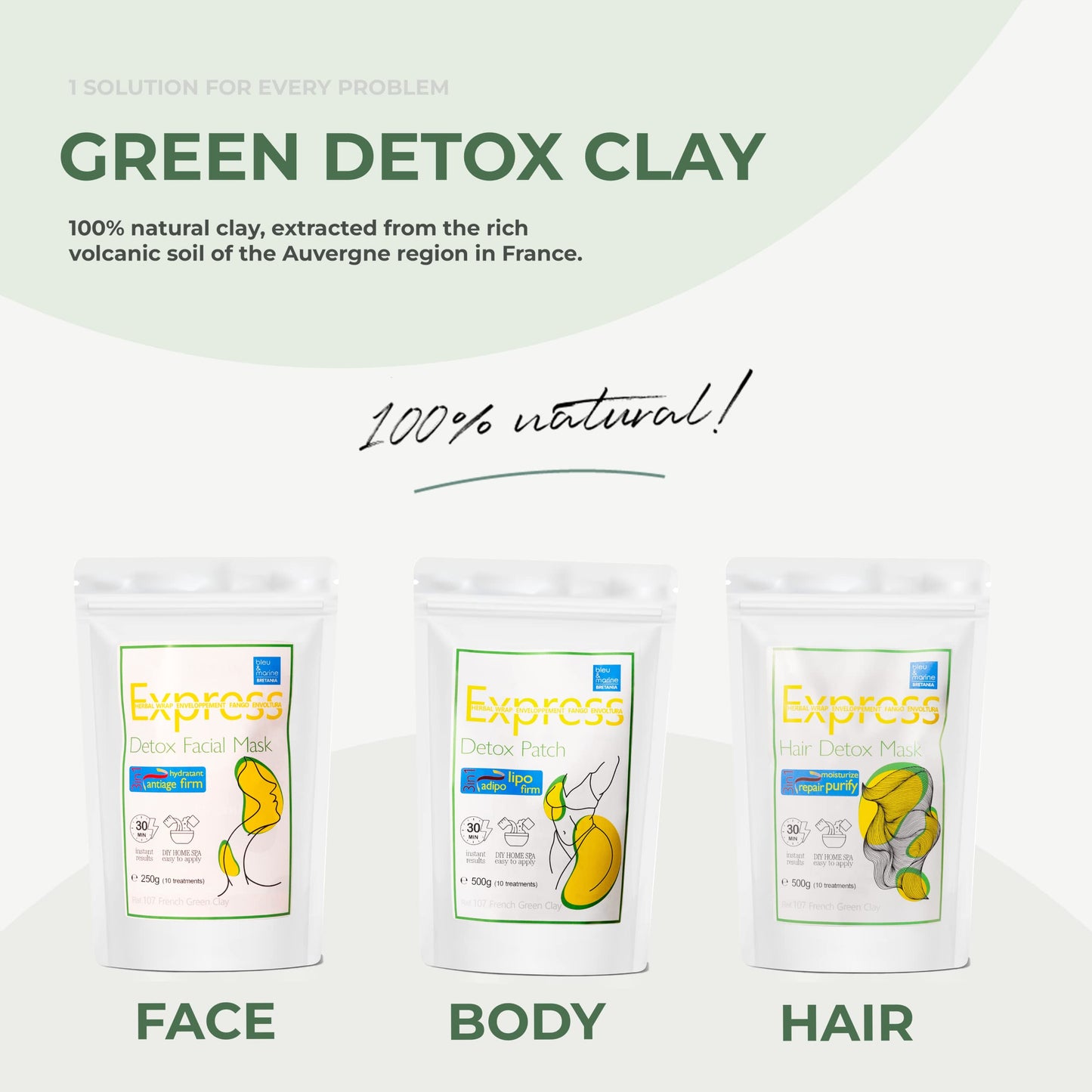 bleu & marine Bretania Bio Organic Green Clay Powder, 100% Natural, Green Clay for DETOX, Firming Body Wrap, Skin Exfoliating, Natural Skin Care, Cellulite Clay - 500 g