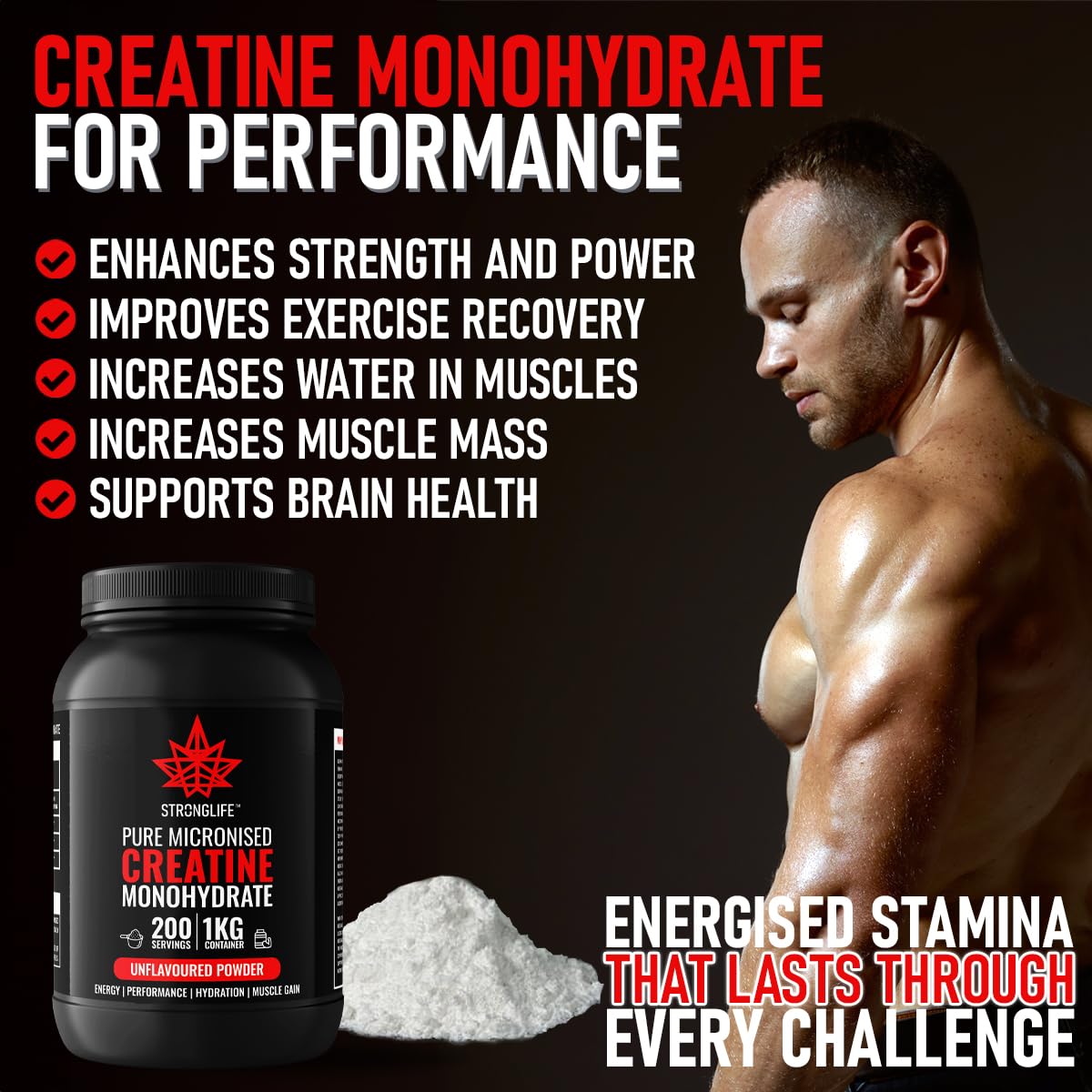 Creatine Monohydrate Powder by Stronglife - 1000 Grams (1KG), 200 Servings at 5 Grams, Micronised, Pure 200 Mesh, Unflavoured - Enhances Muscle Performance Power & Recovery