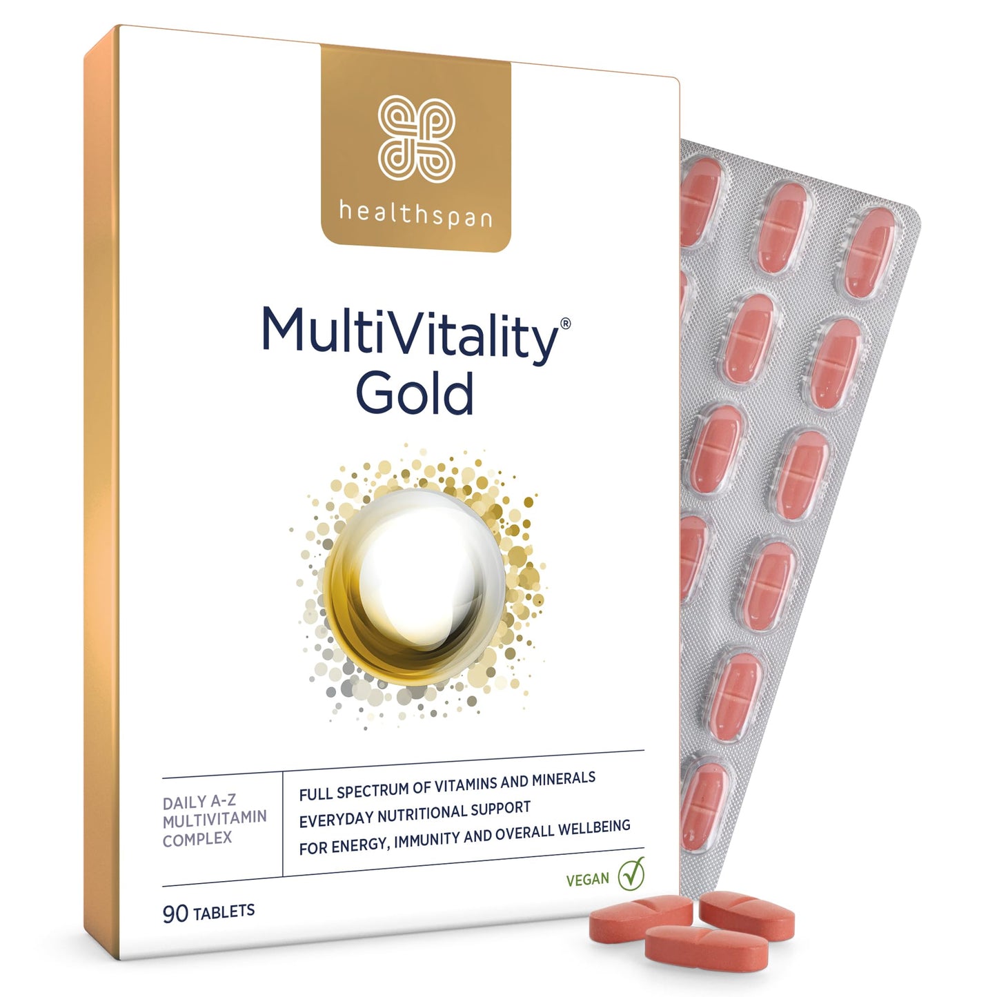Healthspan Multivitamin Gold (90 Tablets) | A-Z Formulation | Wellbeing & Immune Support | Algal Source Vitamin D3 | Vitamins A, B, C, D, E & K | Calcium, Iron, Magnesium, Selenium & Zinc | Vegan