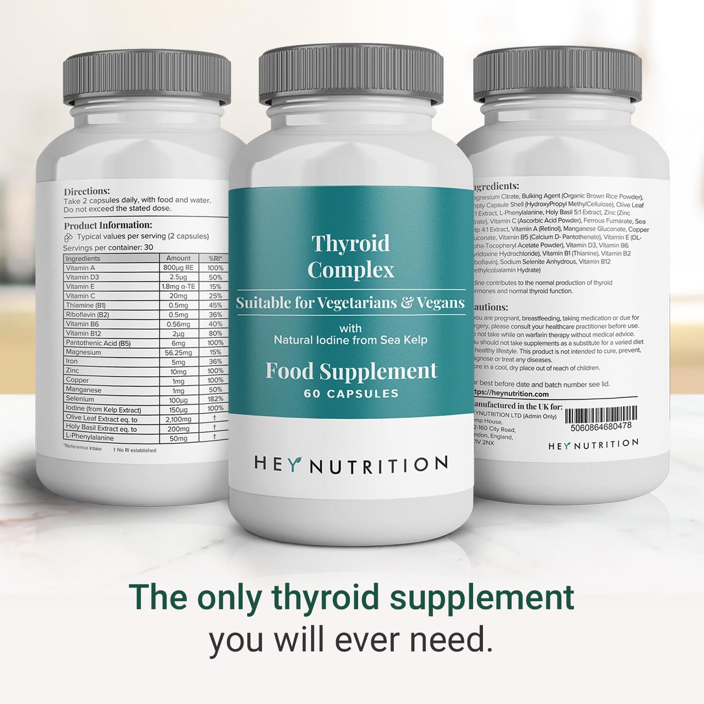 Hey Nutrition Thyroid Complex Supplement - Copper, Iron, Zinc, Selenium, Vitamin B Blend - Advanced Thyroid Function - 60 Capsules/30 Servings - Non-GMO, Vegan