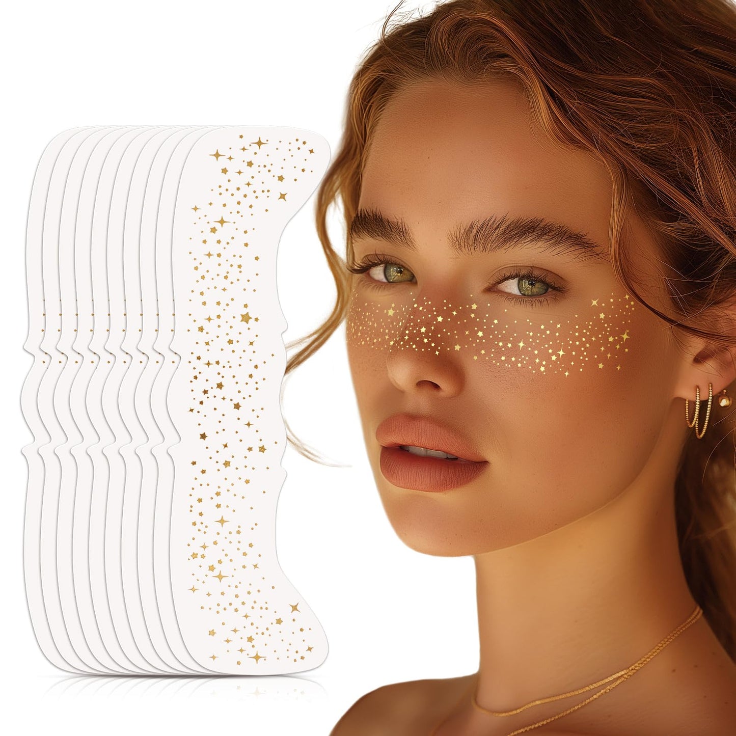 AmiCera Glitter Freckles Face Tattoo, 10 Pcs Face Glitter Freckles Gold for Kids Women, Fake Sparkle Temporary Tattoos Stickers for Girls and Adults Festival Makeup Accessories Face Decor Star