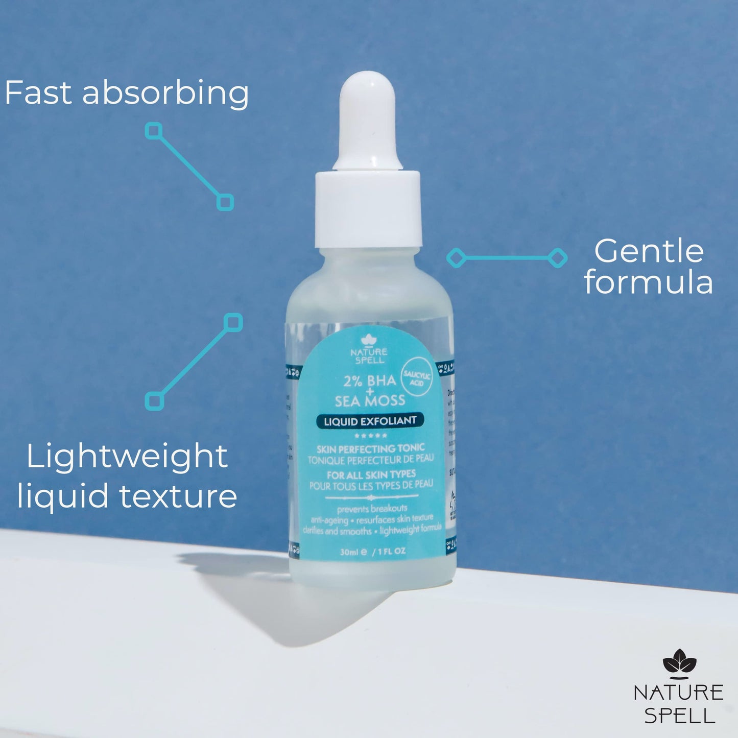 Nature Spell 2% BHA Liquid Exfoliant - Salicylic Acid Skin Perfecting Tonic 30ml Infused with Sea Moss Face Exfoliating Peel Prevent Breakouts and Minimise Pores - Made in the UK