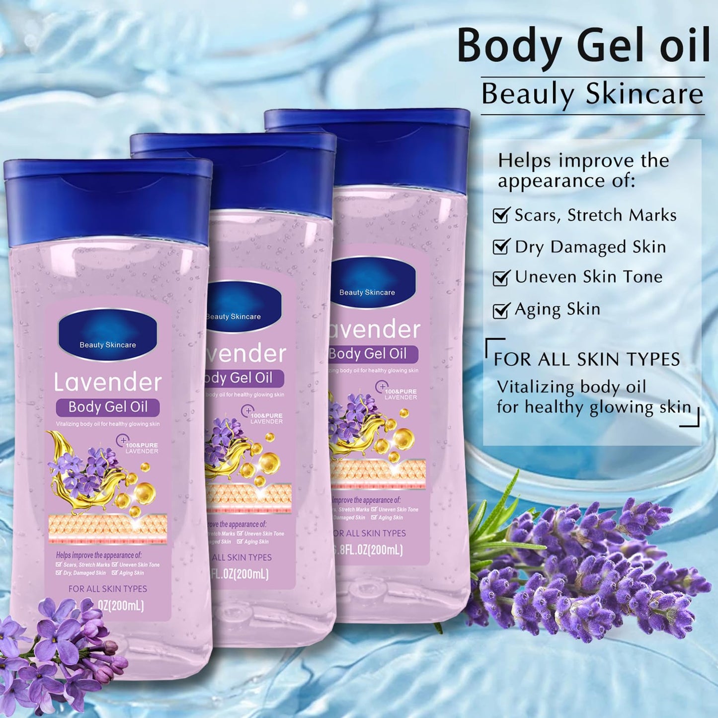 Lavender Body Oil Gel- Body Moisturising for Women Relaxing Skin Care - Vitamin E Oil For Skin - Body Moisturiser for Anti-Wrinkles & Reduce Fine Lines - Body Oil For Women - Hydrating Body Skin Care