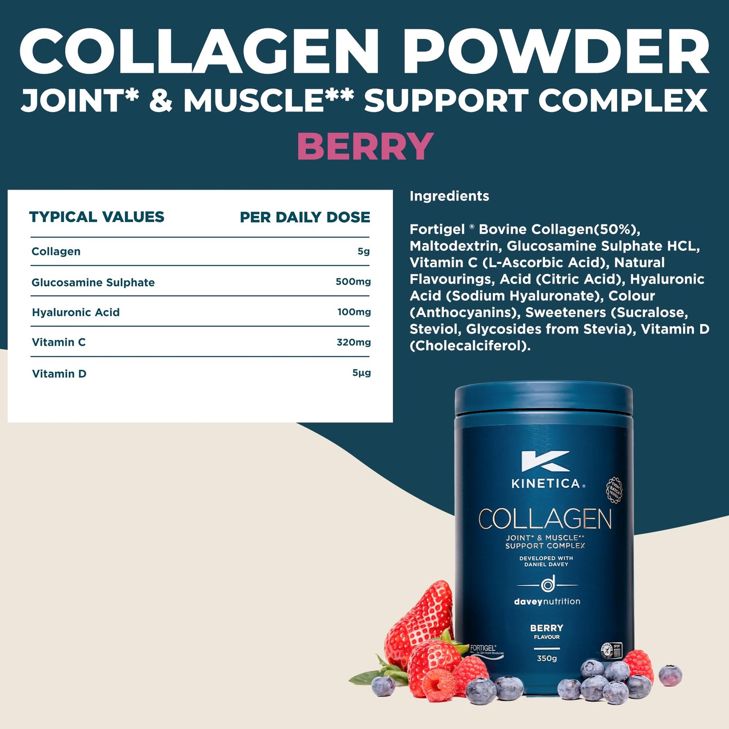Kinetica Collagen Powder Joint & Muscle Support Complex FORTIGEL Bovine Collagen peptides, 320mg Vitamin C, 5μg Vitamin D, 100mg Hyaluronic Acid, 500mg Glucosamine Sulphate, Berry Flavour, 350g