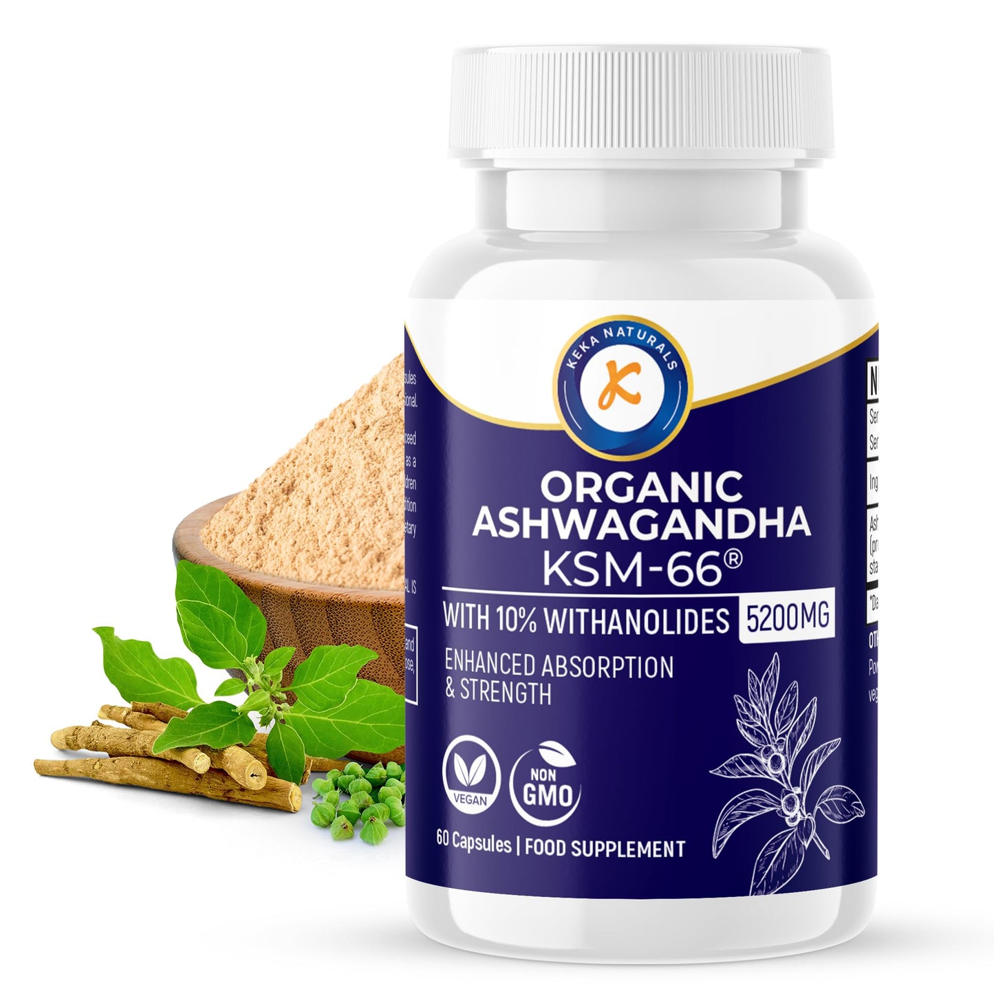 Keka Naturals Organic Ashwagandha KSM-66-5200mg - 10% Withanolides - Enhanced Absorption and High Strength - All Natural, Non-GMO - 60 Vegan Capsules