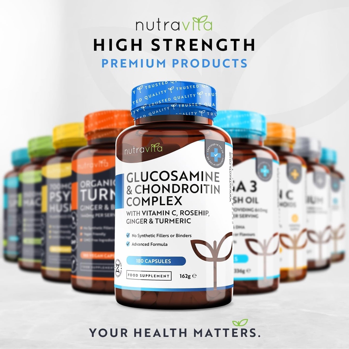 Glucosamine and Chondroitin Complex (2 Packs of 180) – 360 High Strength Capsules – Contributes to Maintenance of Normal Immune System – Vitamin C, Turmeric, Ginger and Rosehip – UK Made by Nutravita