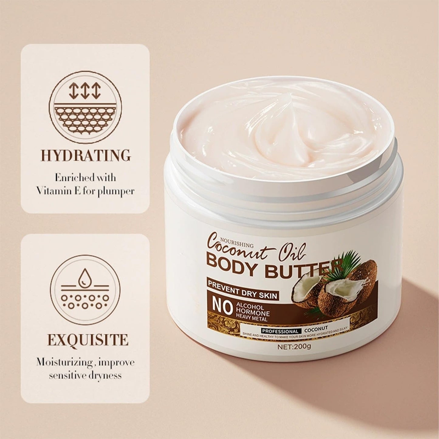 Coconut Body Butter 200g – Intense Moisturizer for Dry Skin, Enriched with Coconut Oil. Deeply Nourishes, Soothes, and Hydrates for Silky Smooth Skin. Daily Skin Care Routine