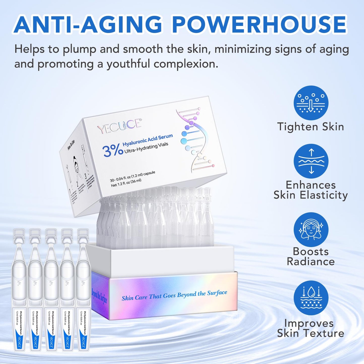 Uocasi Hyaluronic Acid Tubes, 3% Hyaluronic Acid Serum Ultra-Hydrating Vials for face & Skin | Pre-makeup SkinCare | Anti-Aging serum for Sensitive skin, Deep Moisturizing Facial Serum - 30Pcs/Box