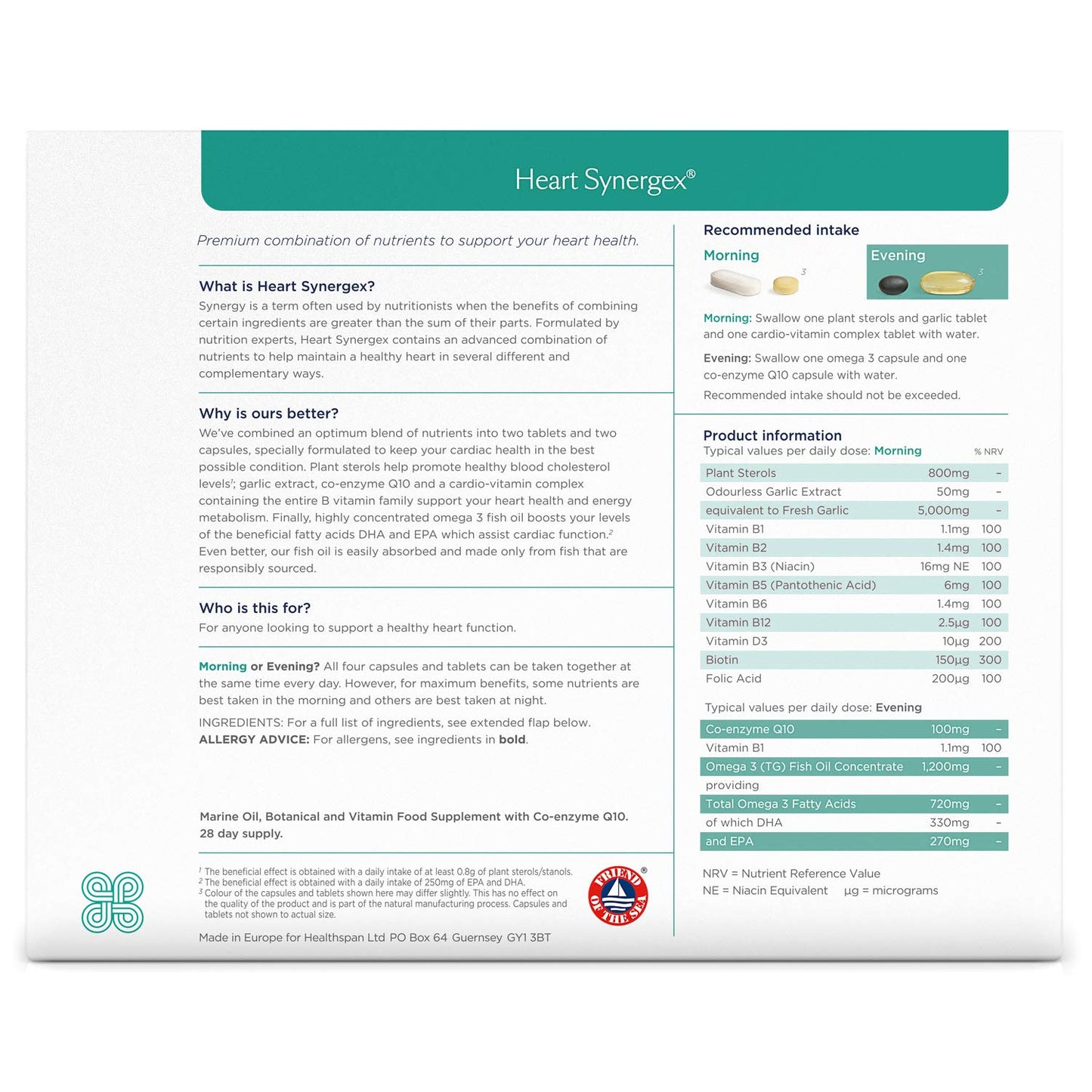 healthspan Healthspan Heart Synergex | 28 Day Supply | With Vitamin D3 | Plant Sterols | Garlic | Cardio-Vitamin Complex | Omega 3 | Co-enzyme Q10 | Friend Of The Sea