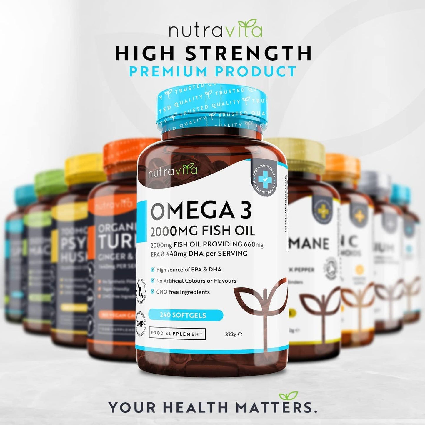 Omega 3 2000mg with 660mg EPA & 440mg DHA per Serving (2 Packs of 240) - 480 Softgel Capsules of Sustainably Sourced Pure Omega 3 Fish Oil - Made in The UK by Nutravita