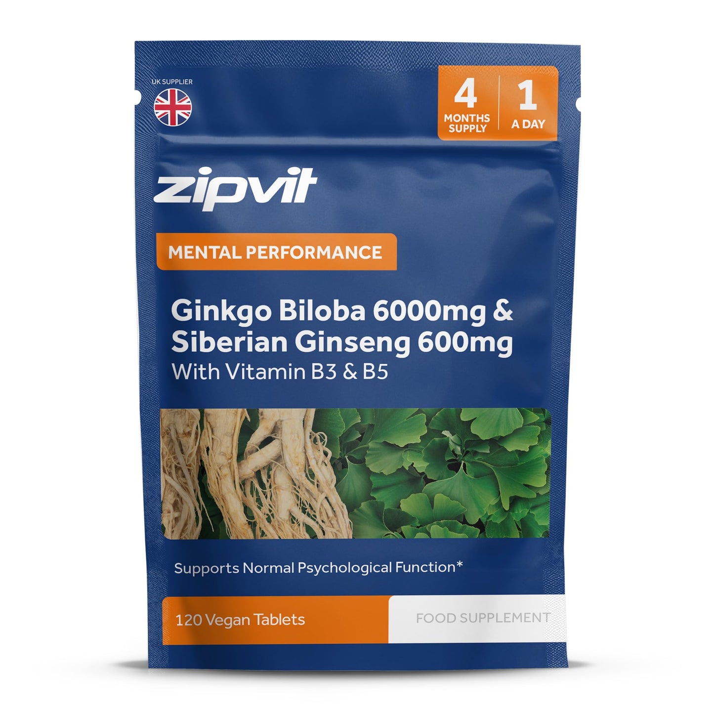 Zipvit Ginkgo Biloba 6000mg & Siberian Ginseng 600mg with Vitamins B3 & B5 Pouch, 120 Vegan Tablets, Supports Energy & Mental Performance, 4 Month Supply