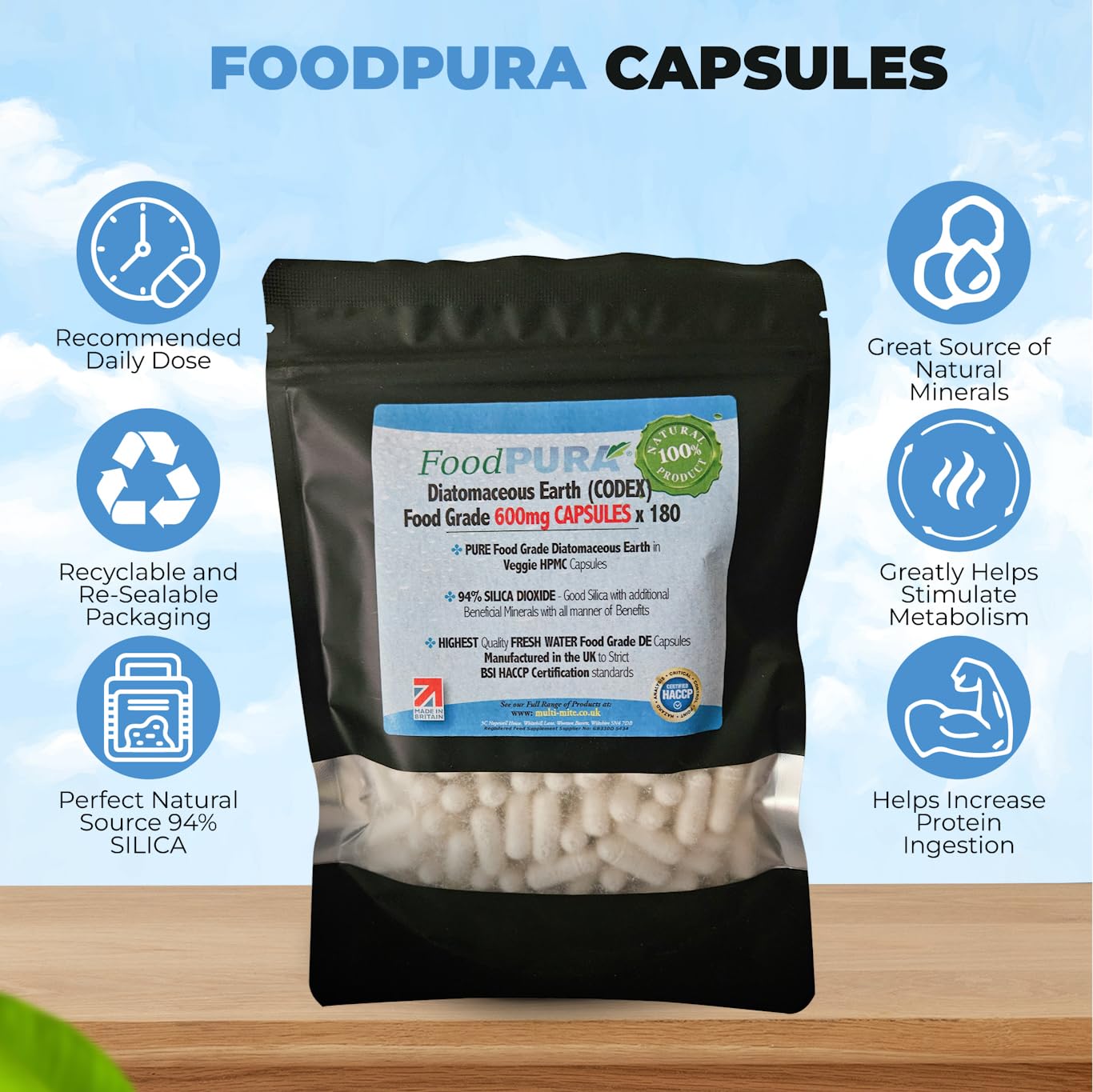 FoodPURA Food Grade Diatomaceous Earth Capsules (Codex) Pure White 94% Silica Fresh Water Sourced 600mg (180)