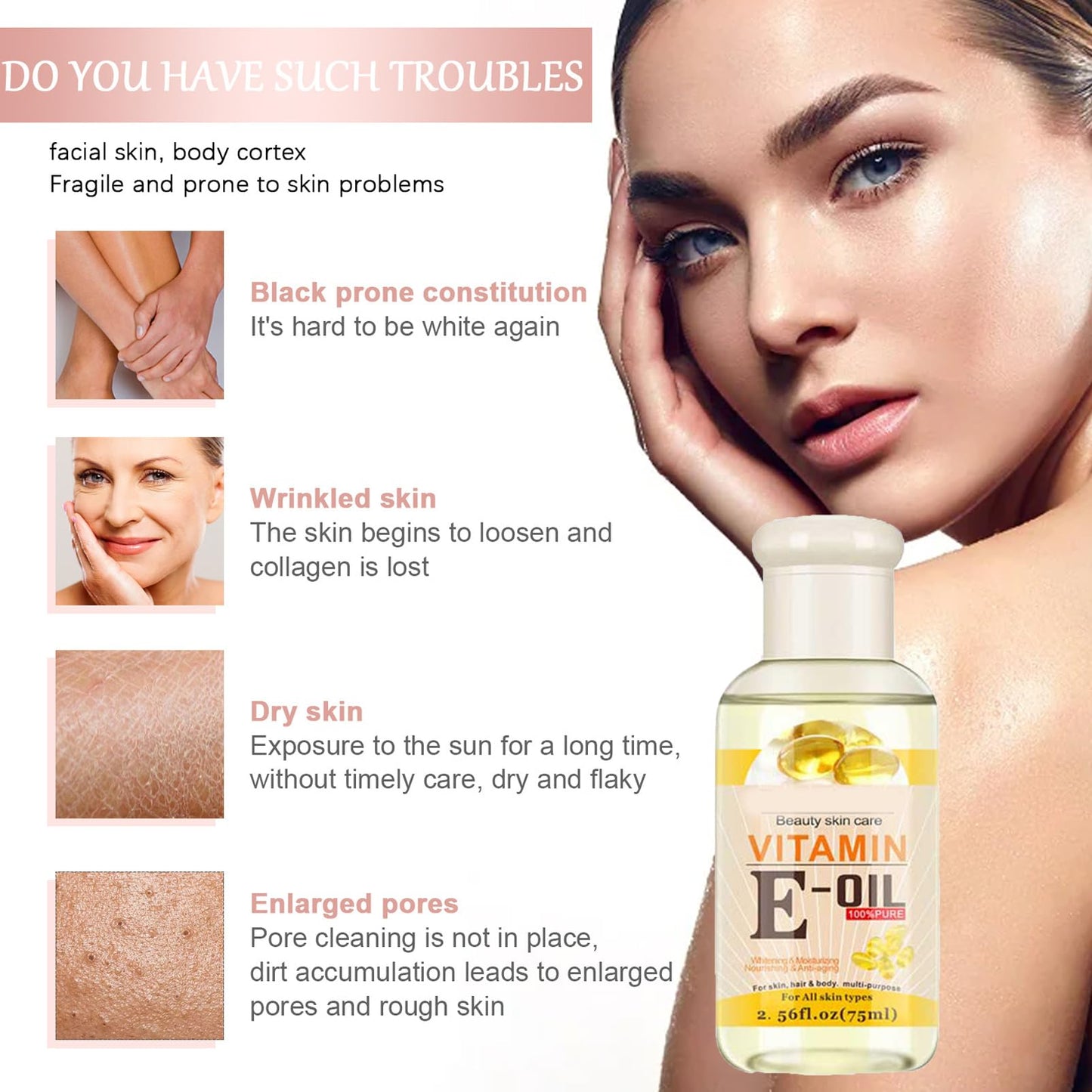 DMQ Vitamin E Skin Oil,2PCS Anti Aging Face Oil and Serum,Body Moisturizer,Face Massage Oil,Vitamin E Body Oil,Anti Acne & Relieve Itchy Skin,Hydrating Body Oil Moisturiser- Face & Body & Hair -75ML*2