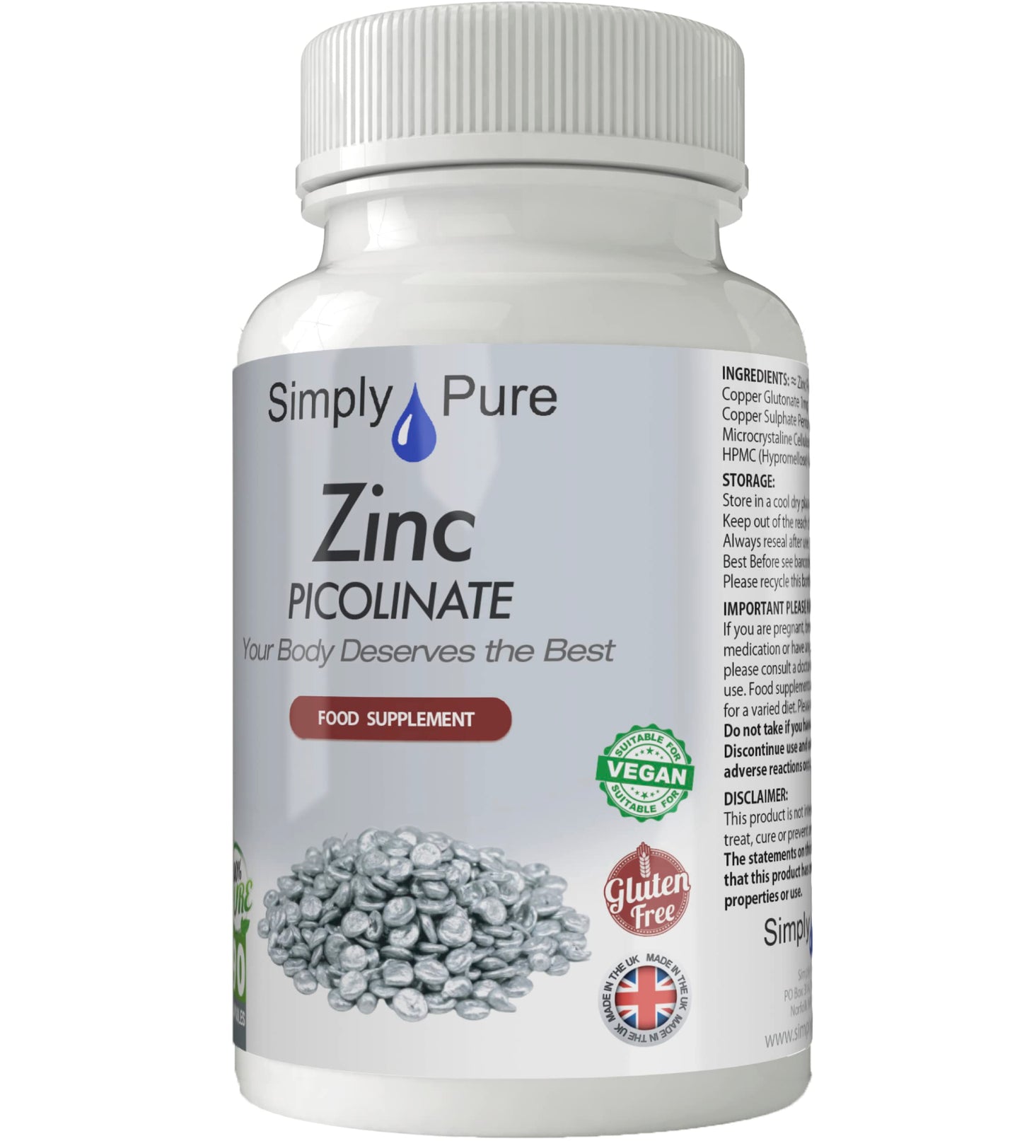 Simply Pure Zinc Picolinate Capsules 30mg x 90, with Added Copper, Gluten Free, GM Free, Vegan