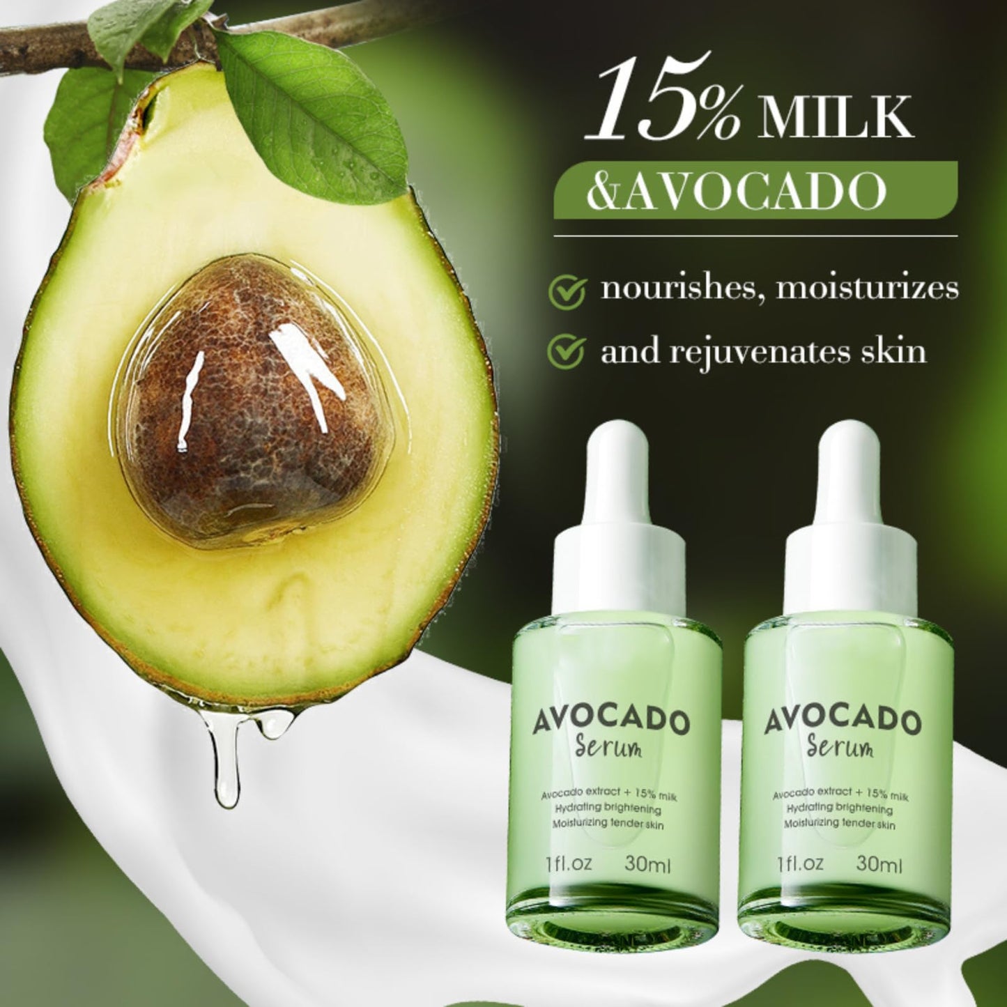 Avocado Face Serum, Hydrating Serum with 15% Milk, Soothing Hyaluronic Acid Serum, Serums Skincare, Avocado Face Serum for Women, Redness Relief, Dry Skin & Skin Barrier Repair, Lightweight