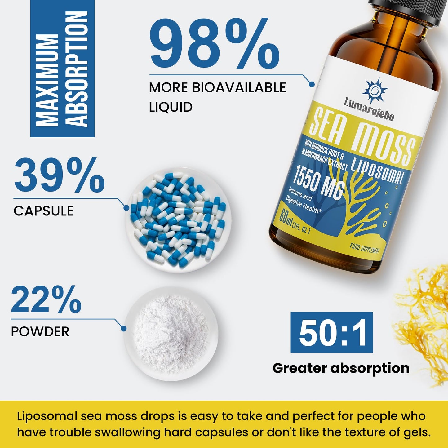 Lumarejebo Liposomal Irish Sea Moss Drops 1550MG, with Burdock Root and Bladderwrack Extract, 4X Stronger Than Pills & Gel, Support Gut & Immune Health (Pack of 3)