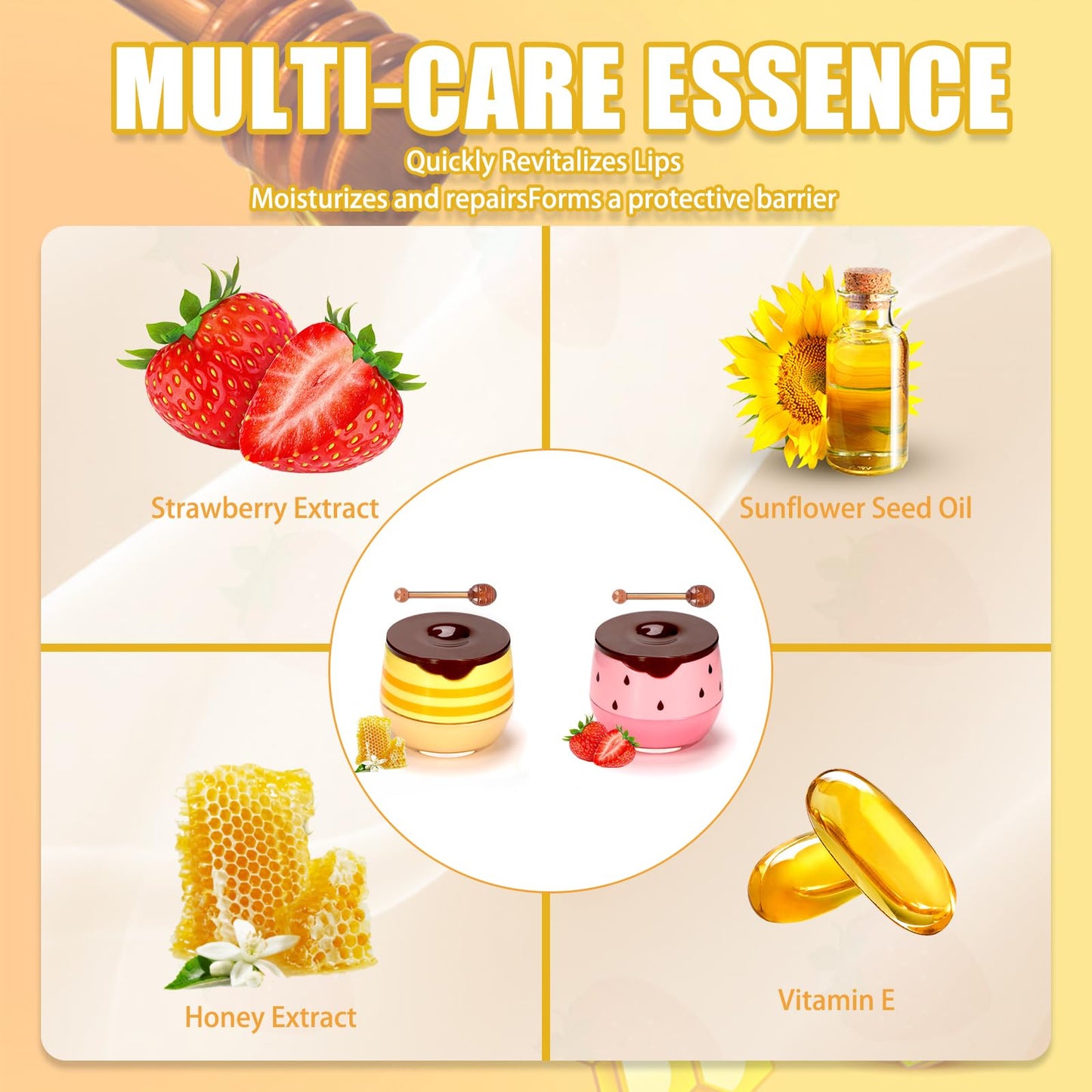 Anmahe 2 PCS Bee Balm, Honey Lip Balm Moisturizing Skincare Lip Mask with Lip Brush, Honey Balm, Lip Sleeping Mask for Lip Care Repair Prevent Dry Crack Lip Line Reducing (Honey+Strawberry)