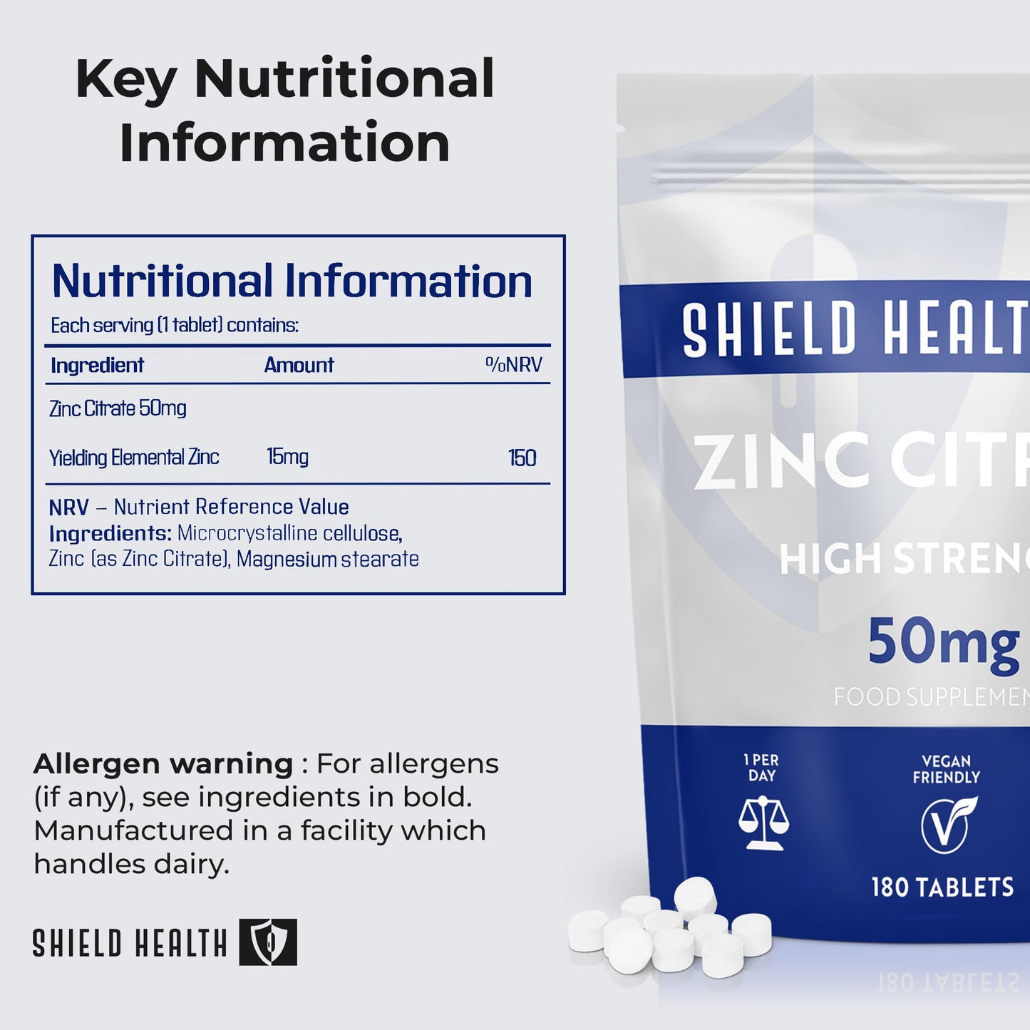 Shield Health Zinc 50mg High Strength - 180 Zinc Tablets (6 Month Supply) High Strength Zinc Supplements Contributes Towards Immune Function and Maintenance of Healthy Bones, Vision, Hair, Nails and Skin UK Made