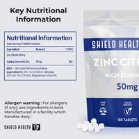 Shield Health Zinc 50mg High Strength - 180 Zinc Tablets (6 Month Supply) High Strength Zinc Supplements Contributes Towards Immune Function and Maintenance of Healthy Bones, Vision, Hair, Nails and Skin UK Made