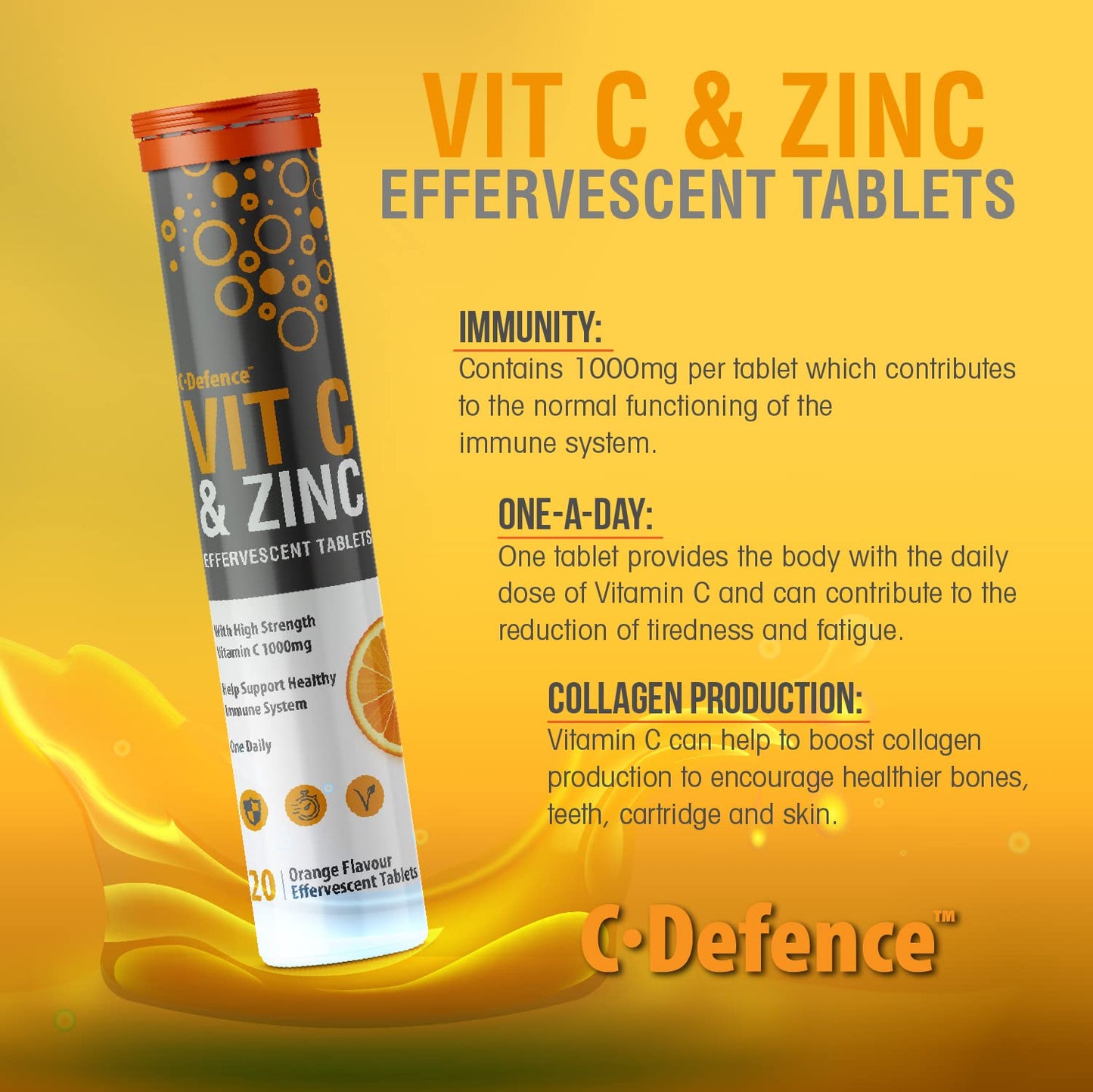 Vitamin C 1000mg & Zinc 15mg Orange Flavour Effervescent Tablets by Club Vits (2 Tubes of 20 Tablets)