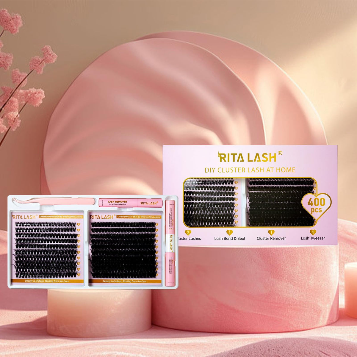 RITALASH Lash Extension Kit 400Pcs,DIY Lash Clusters Kit 8-16mm Cluster Lashes Fluffy Eyelash Clusters Lash Bond And Seal,Lash Remover,Tweezers For Clusters Eyelash Extensions(60D+100D Cluster Kit)