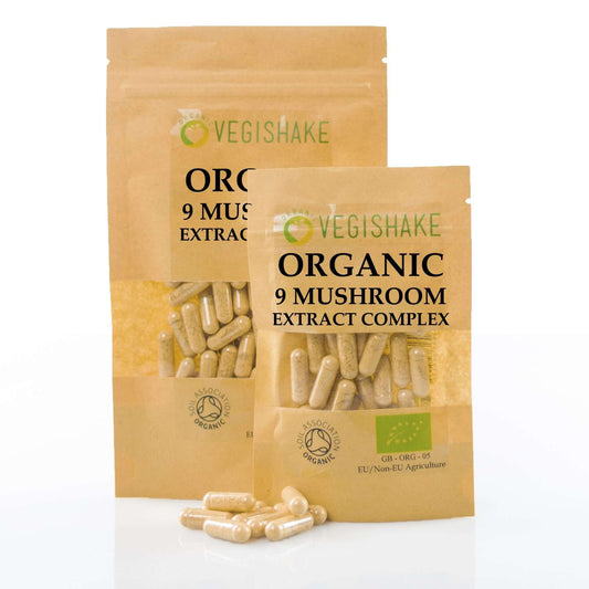 vegishake Organic 9 Mushroom 20:1 Extracts - Chaga Cordyceps Shiitake Reishi Lions Mane Maitake Poria Cocos T.T Oyster Blends Complex