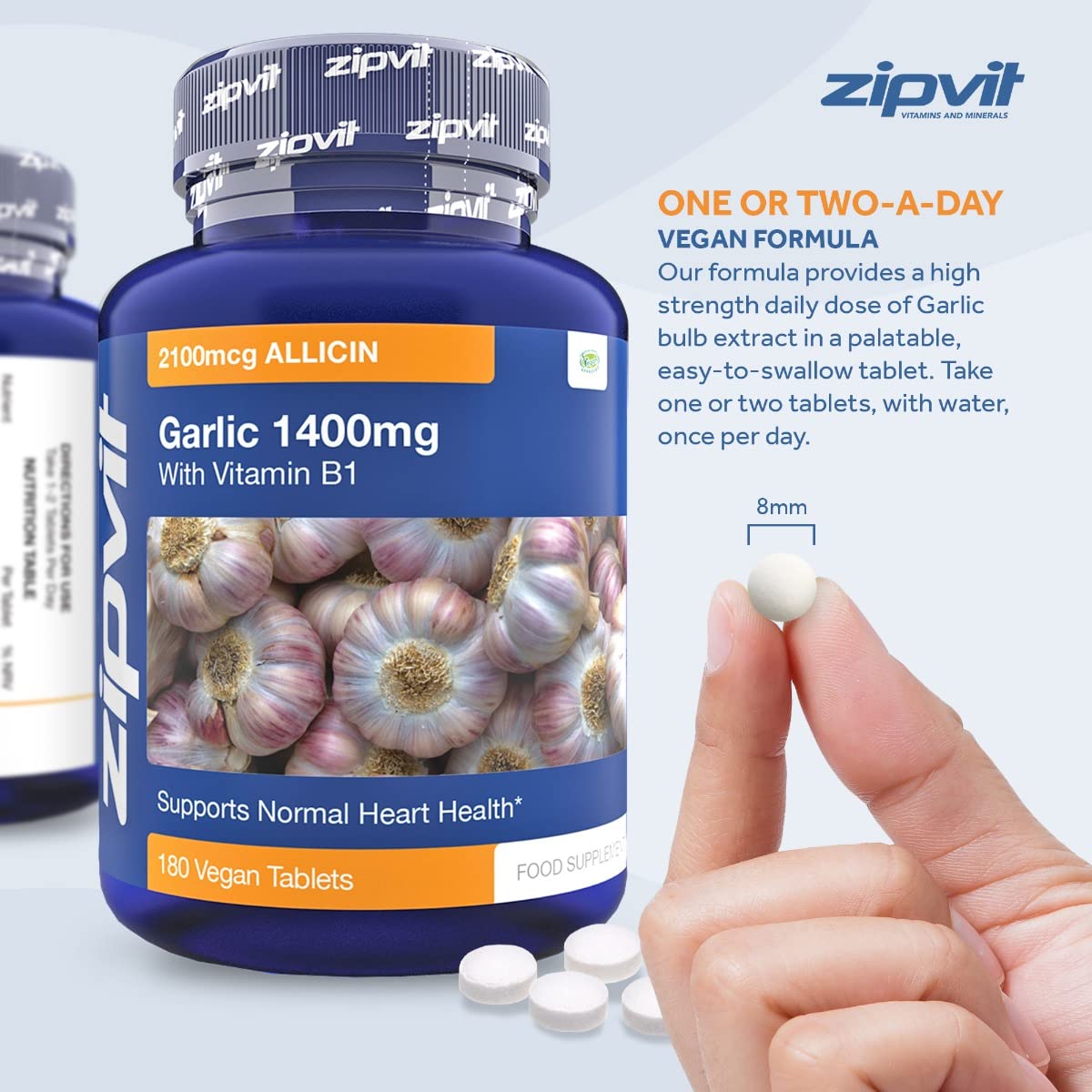 Garlic Tablets 1400mg, 2100mcg Allicin per Tablet with Added Vitamin B1. Supports Heart Health. 180 Vegan Tablets. 6 Months Supply.