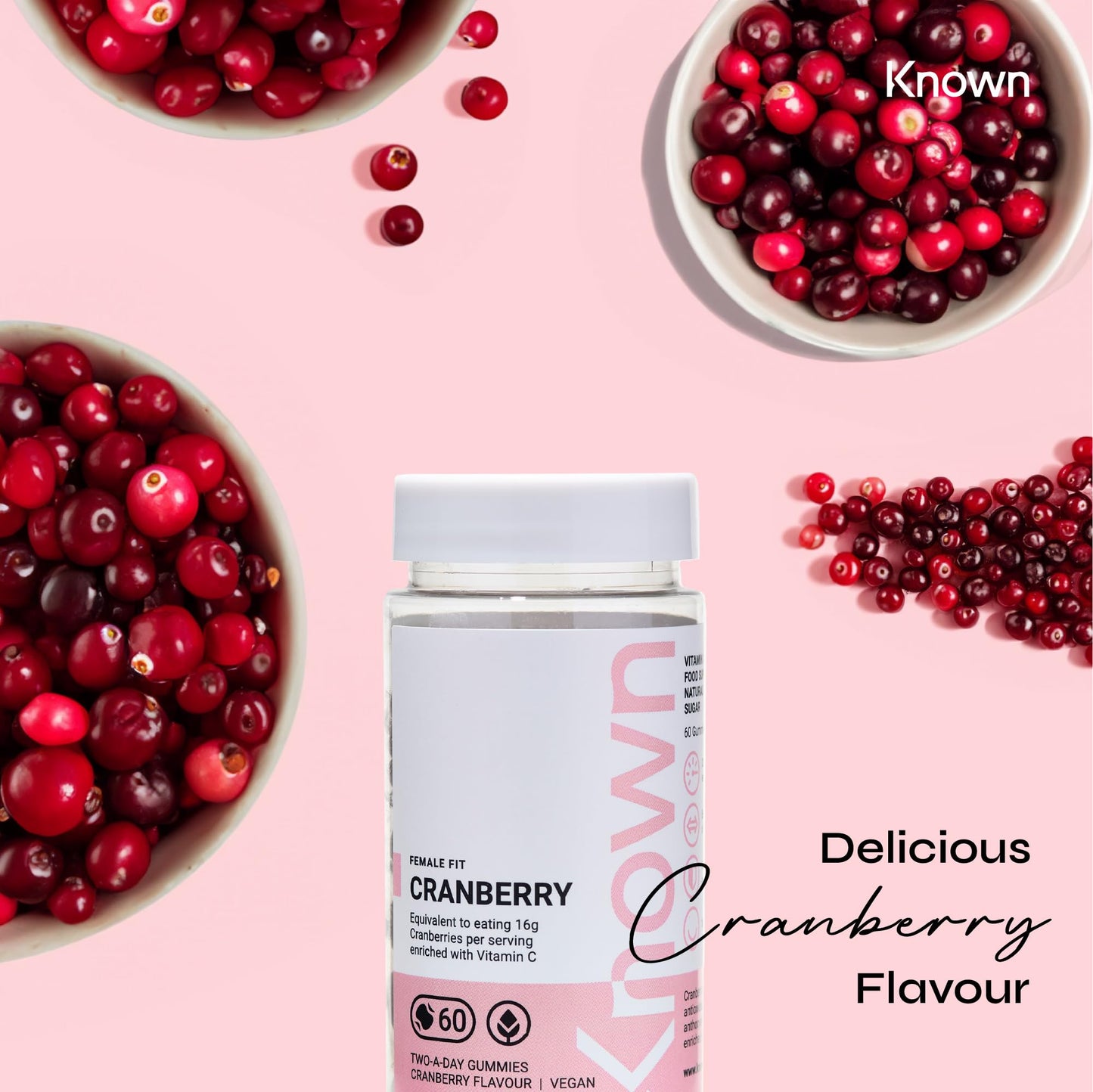 Vegan Cranberry Gummies by Known Nutrition | Natural Cranberry Support | Delicious Natural Cranberry Flavour | 60 Two-a-Day Vegan Vitamin Gummies (One Month’s Supply)