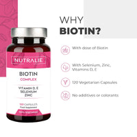 Biotin Hair Growth Supplement - 10000 mcg - Hair + Skin + Nails - Vitamins D E + Zinc + Selenium - Hair Vitamins for Women and Men - Hair Loss + Hair Care - 120 Capsules - Nutralie