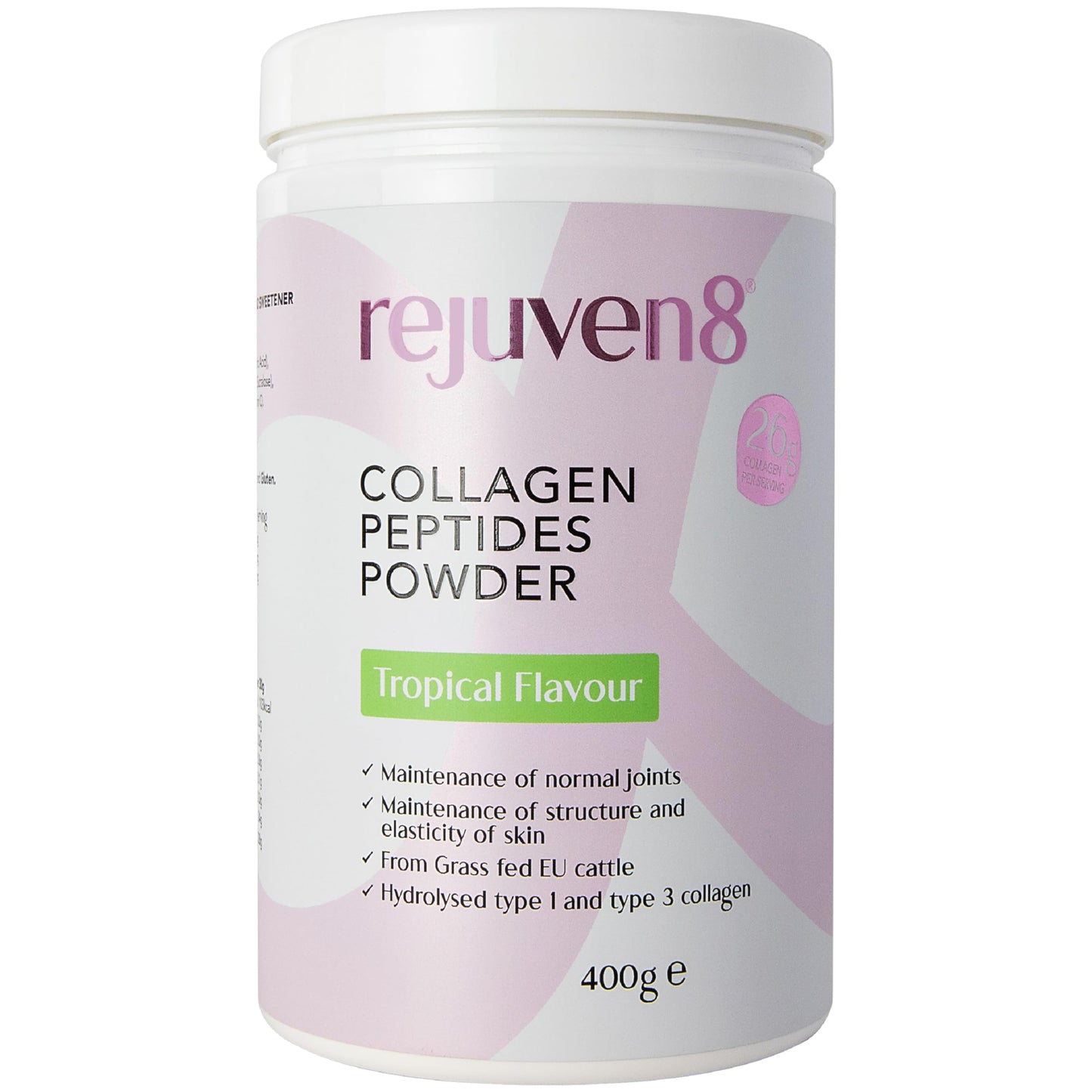 Rejuven8 Collagen Peptides Powder - 400g Tropical Flavour - 26g of Collagen and 24g of Protein Per Serving - Grass Fed Bovine Collagen Powder for Women & Men - Protein Collagen Powder
