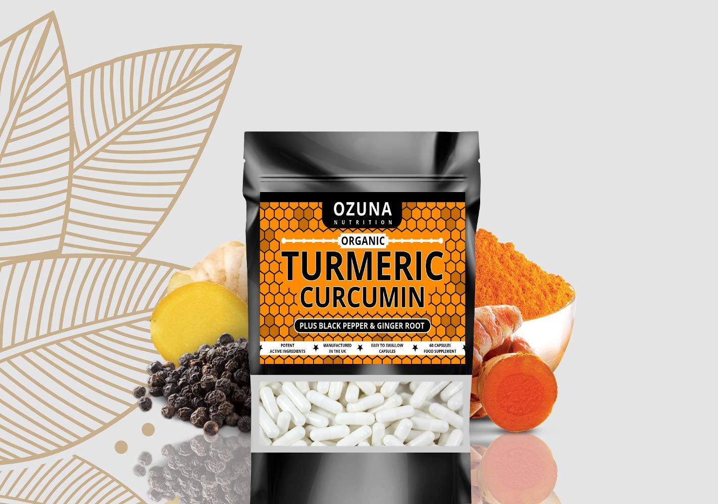 OZUNA NUTRITION Organic Turmeric Capsules High Strength Curcumin with Black Pepper and Ginger 1812mg | 60 Capsules