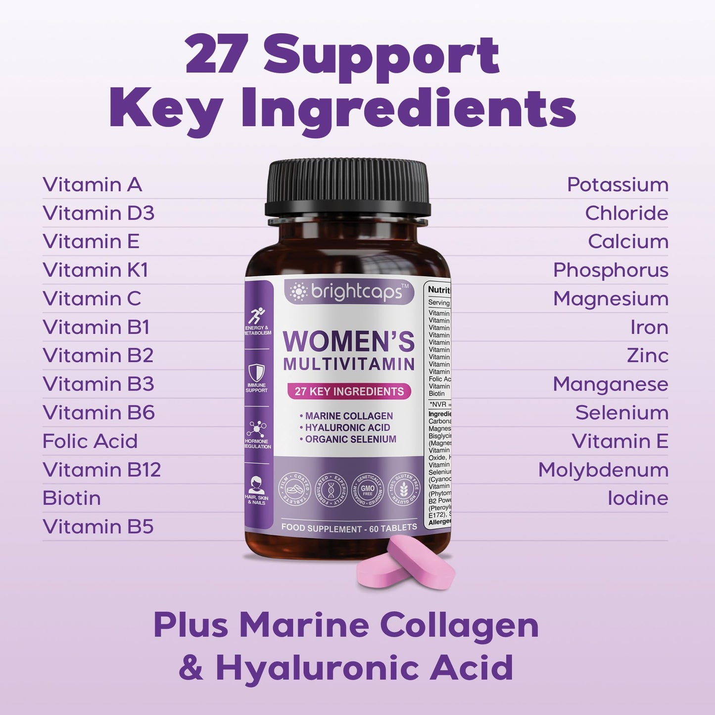 Brightcaps Women's Multivitamins and Minerals Enhanced with Collagen & Hyaluronic Acid - 27 Key Essential Ingredients | 60 Tablets | Gluten Free