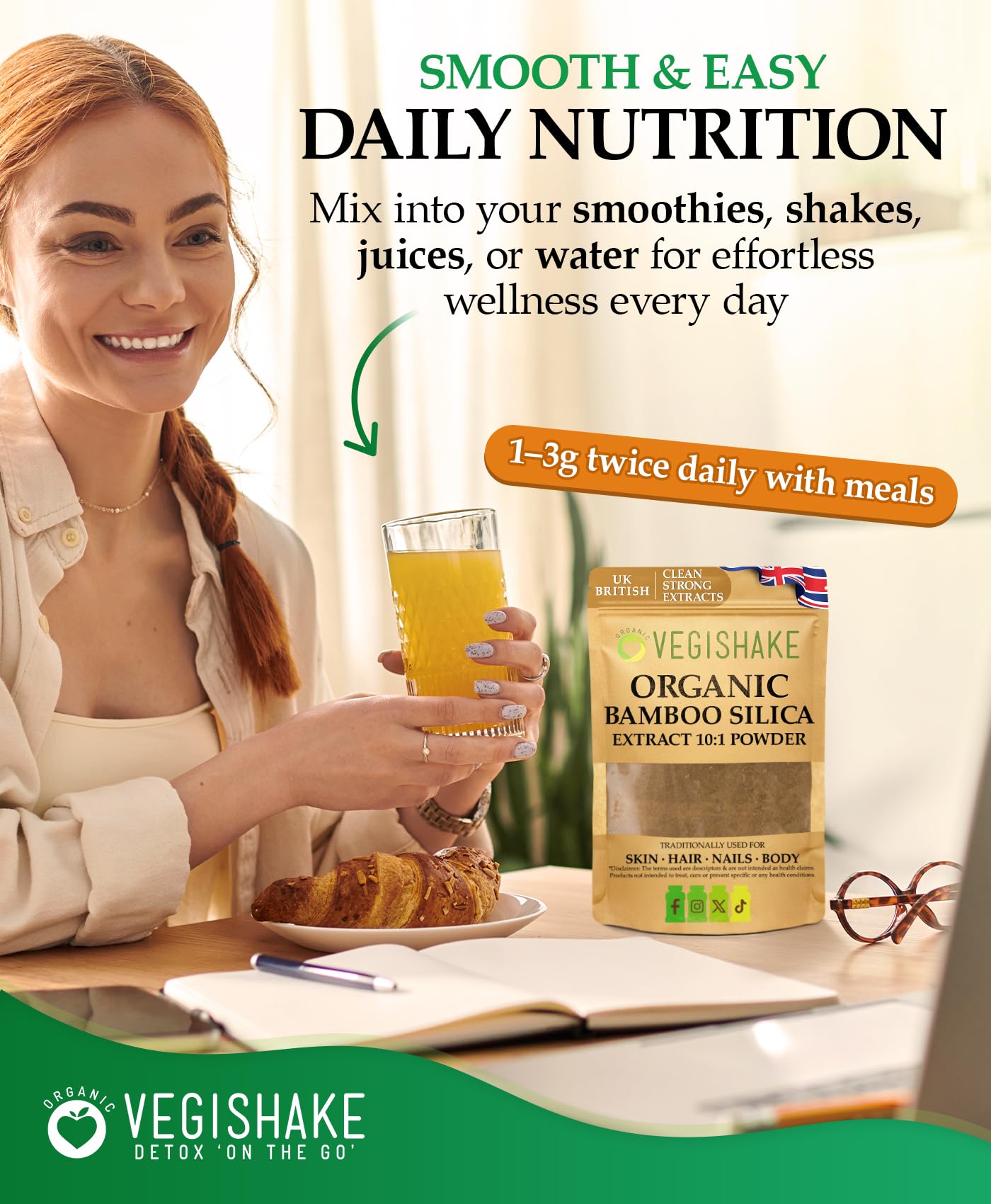 Organic Silica Extract 10:1| High Strength Naturally Sourced Silica Supplement | for Skin Health and Mobility | Vegan Capsules | from Bamboo Extract | UK Made (250G)