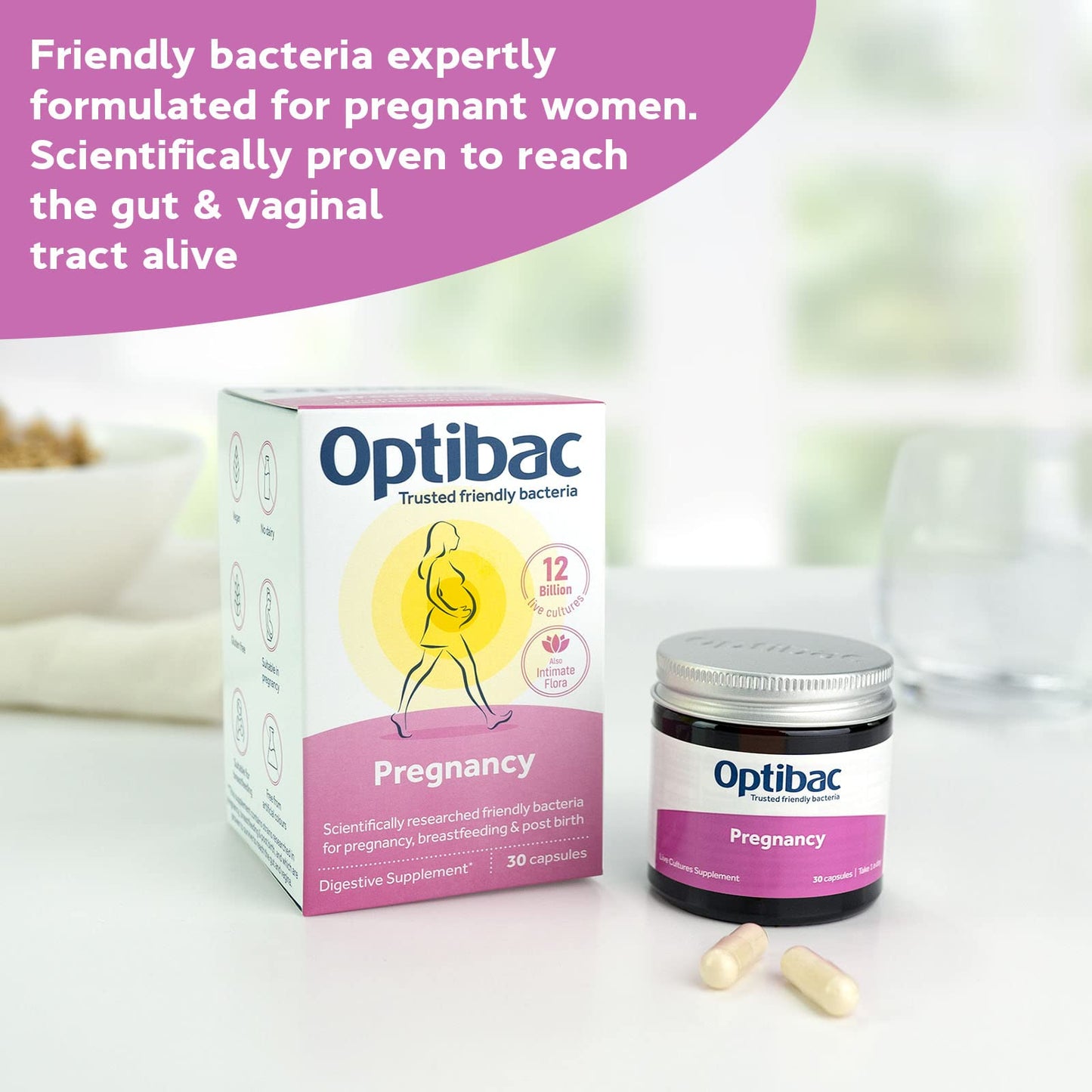 Optibac Probiotics Pregnancy - 12 Billion CFU & FOS Fibres, Vegan Probiotic Supplement for Pregnant & Breastfeeding Women, 30 Capsules