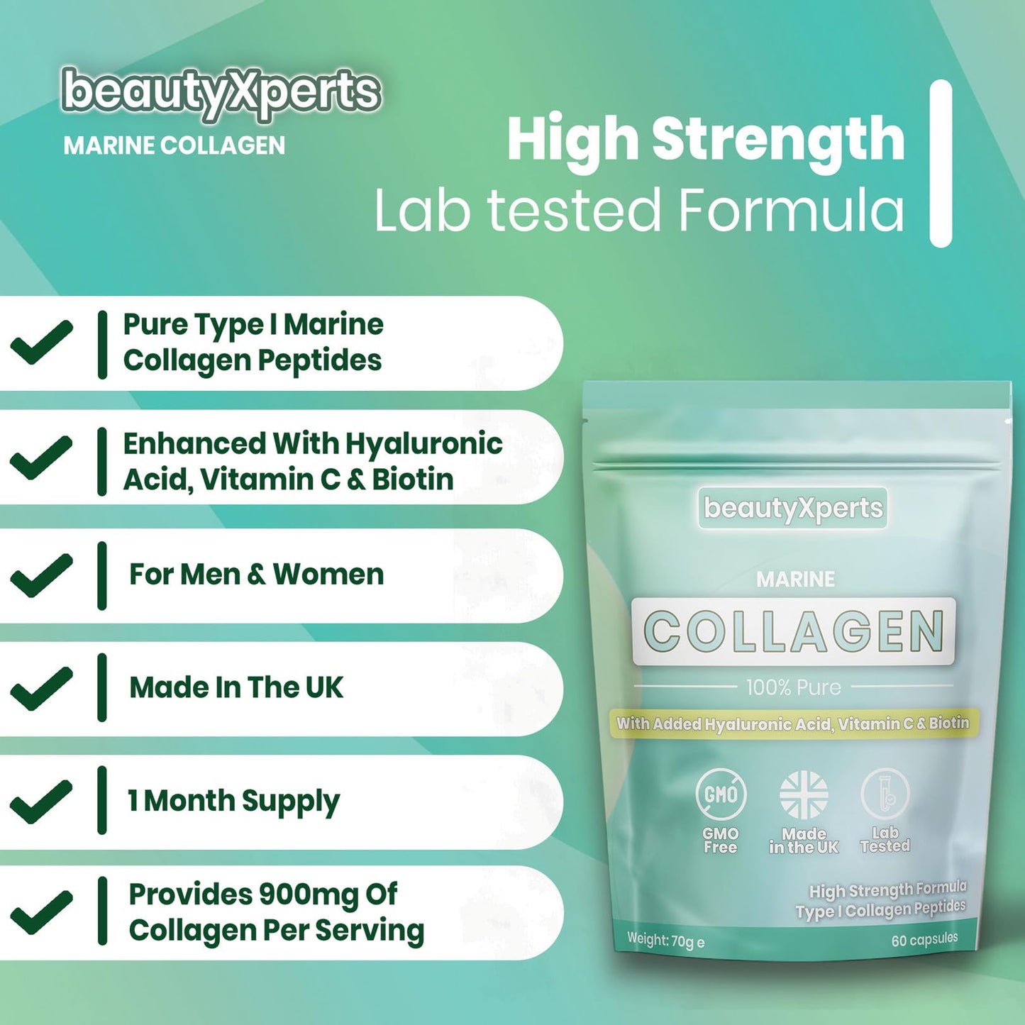 BeautyXperts Marine Collagen Capsules | with Biotin, Hyaluronic Acid & Vitamin C | High Strength Pure Collagen Peptides Supplements for Women and Men | 60 Capsules (Not Tablets or Powder)