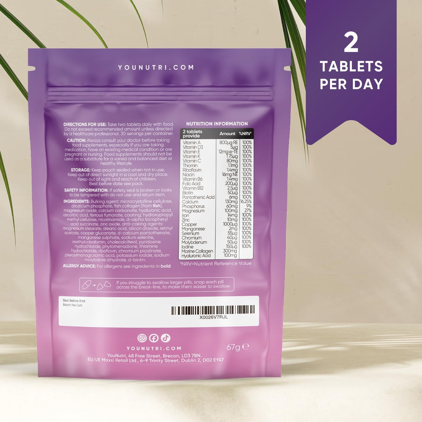 YouNutri Women's Multivitamins & Minerals with Marine Collagen & Hyaluronic Acid – 26 Essential Vitamins, Minerals, & Botanicals – UK GMP Manufactured and Lab Tested - 60 Tablets (1 Month Supply)