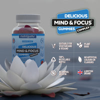 Mind & Focus Raspberry Flavour 60 Vegan Gummies | Ashwagandha, L-Theanine, D3, B5, B6 & B12 | Cognitive Health, Nervous System and Mental Performance | Suitable for Adults & Kids 12+ by NUTRIGUMS®